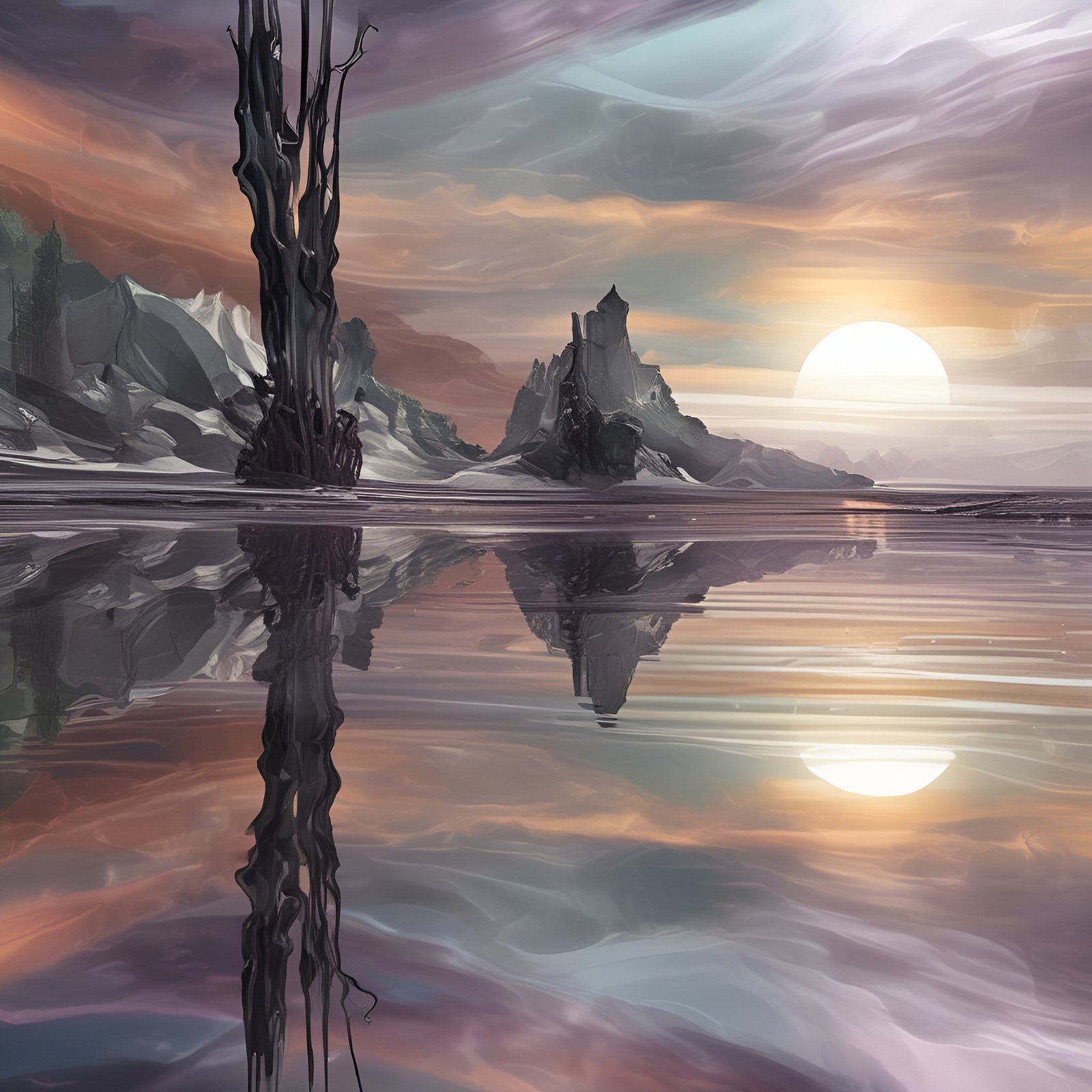 Painting of a twisted black tree and jagged peaks over still water under a pale sun