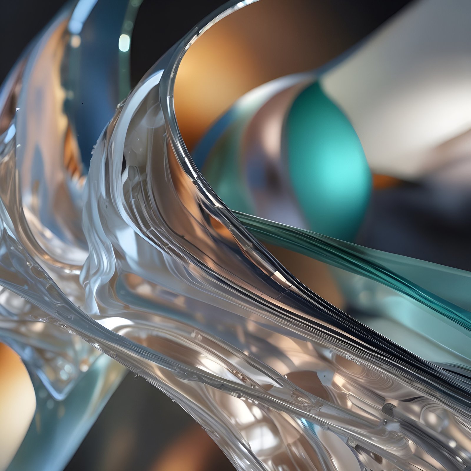 Twisted clear glass and teal ribbons with amber silver highlights in abstract art