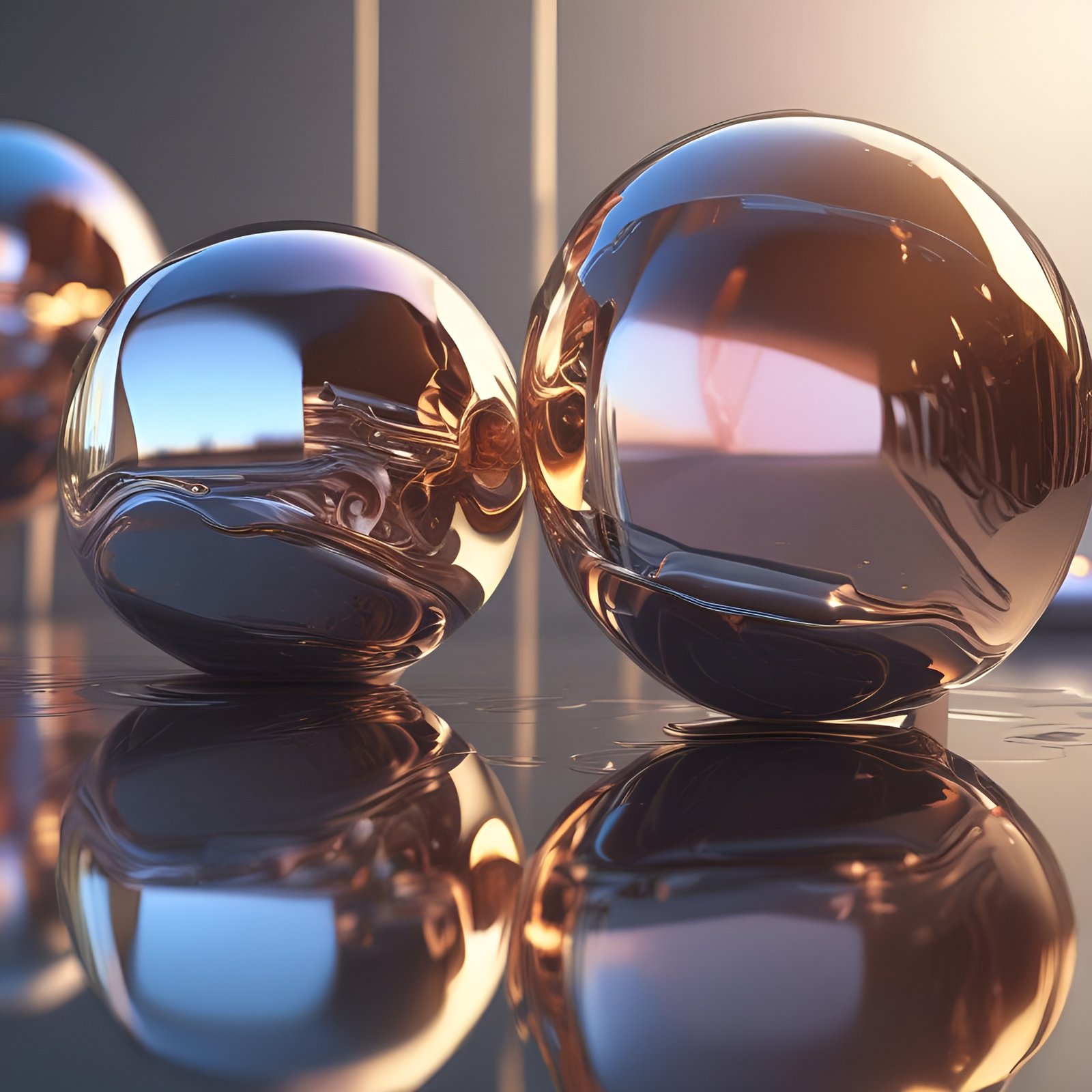 A 3d poster art of two amber chrome spheres on a wet table, one slightly dented, with a third sphere at the edge.