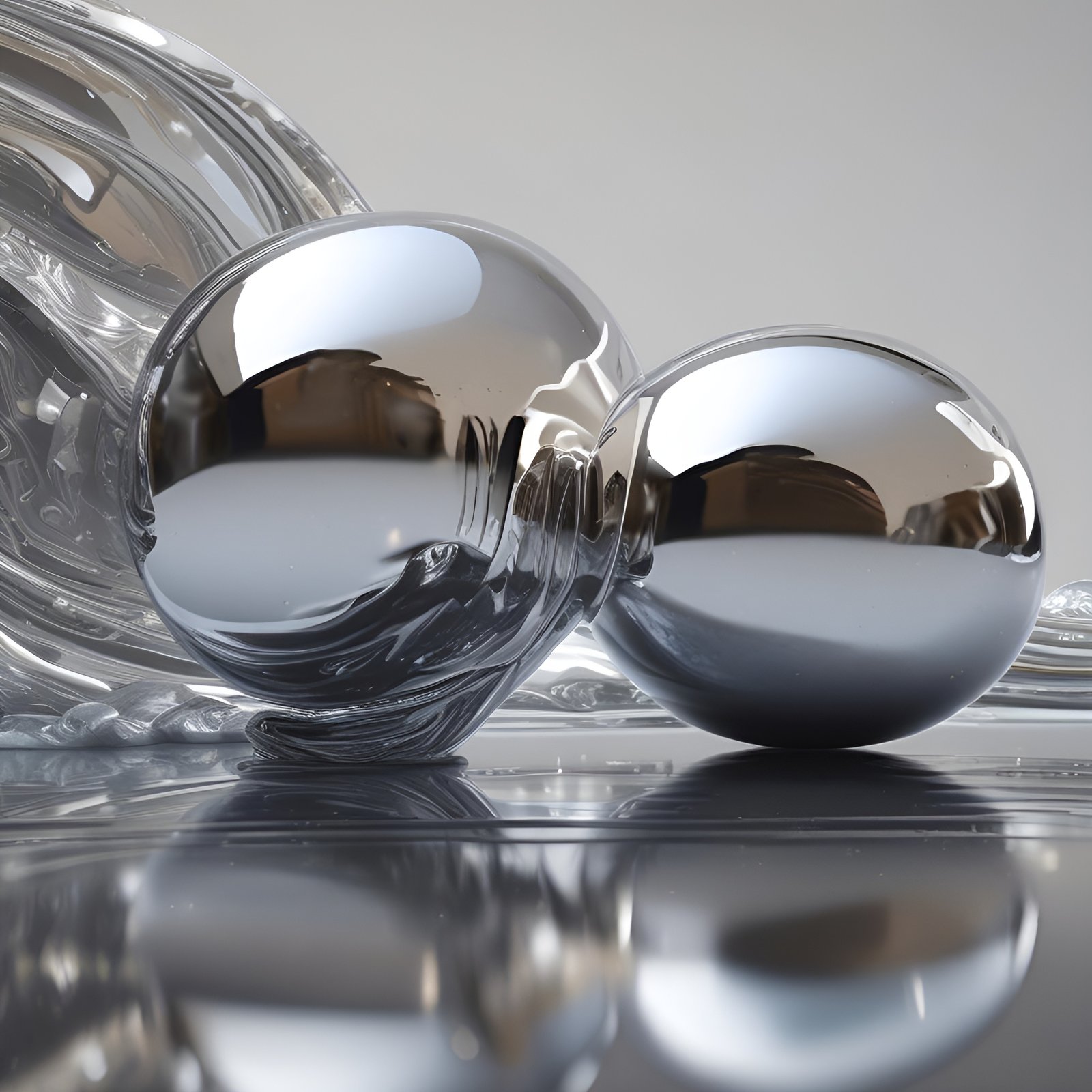 Two chrome spheres beside a clear glass swirl on a mirror floor in abstract art