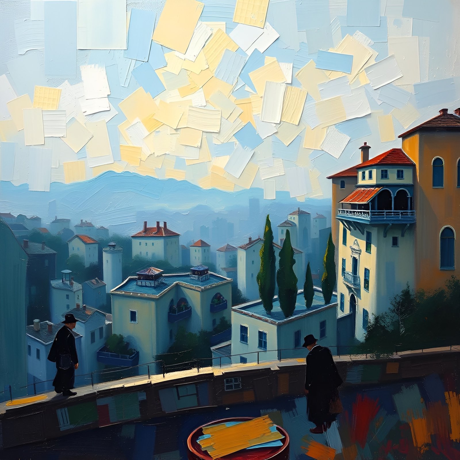 Painting of two men in black coats on a terrace above a canal town with cypress trees