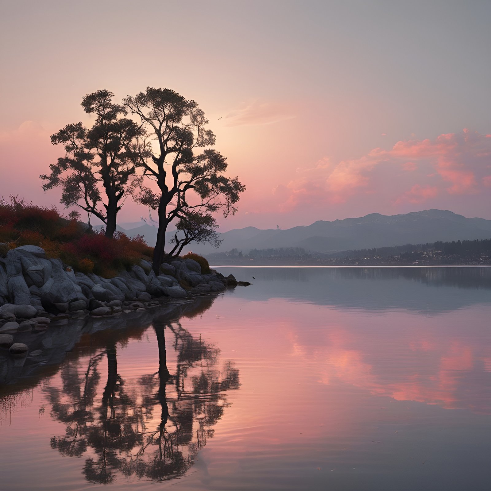 A nature photograph of two trees on a rocky lakeshore at pink sunset, reflected in still water with autumn shrubs.