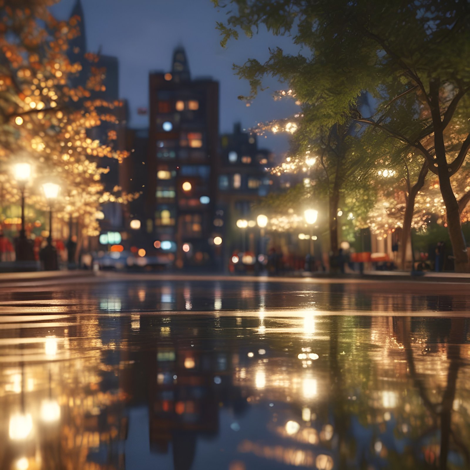 Photo of a wet city plaza at dusk with street lamps in puddles
