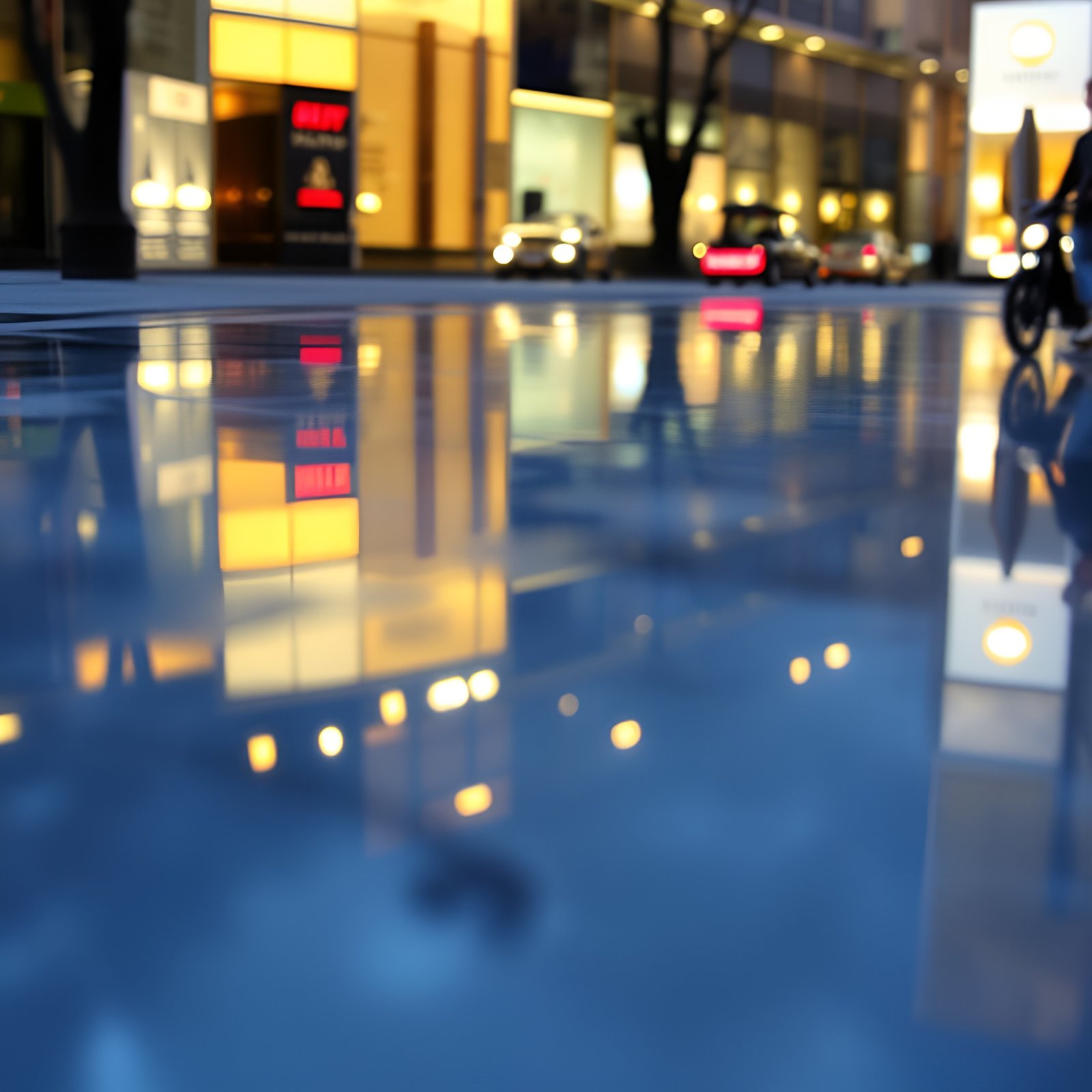 Photo of a wet city street at dusk with shop windows and car headlights