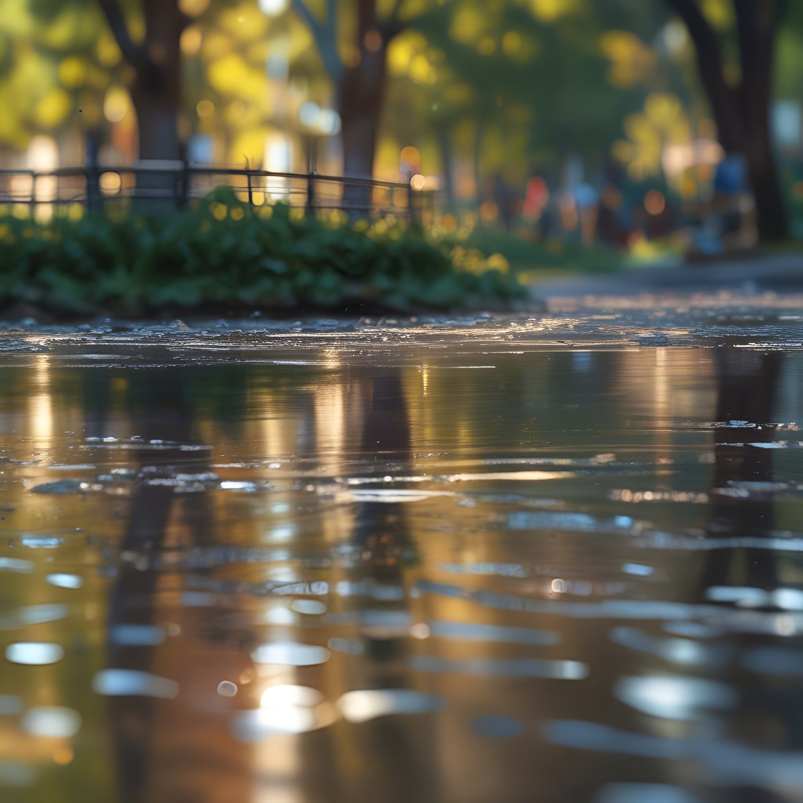 A creative photograph style with wet ground puddle reflections of autumn park trees in golden light
