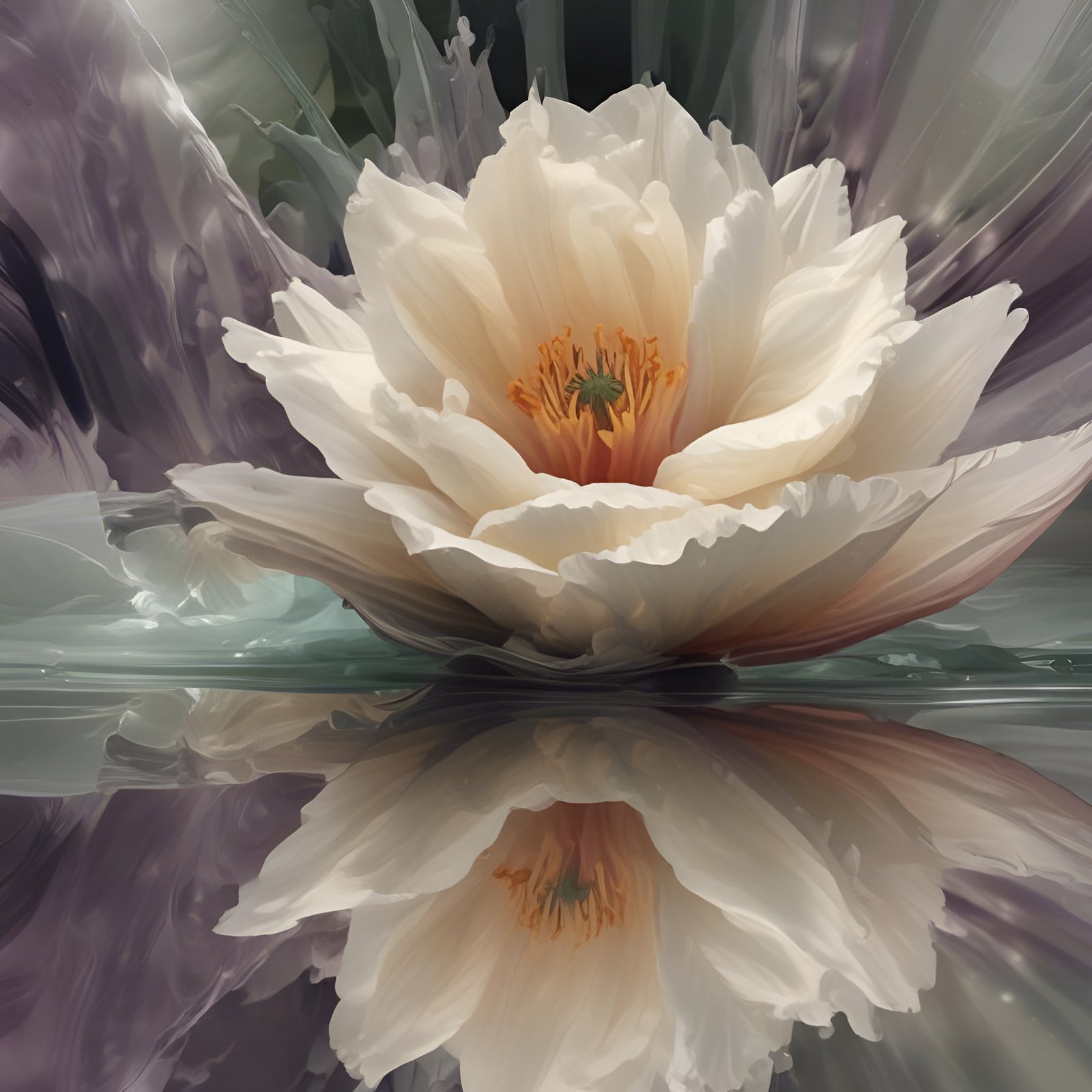 Painting of a large white peony with gold orange stamens mirrored in still water