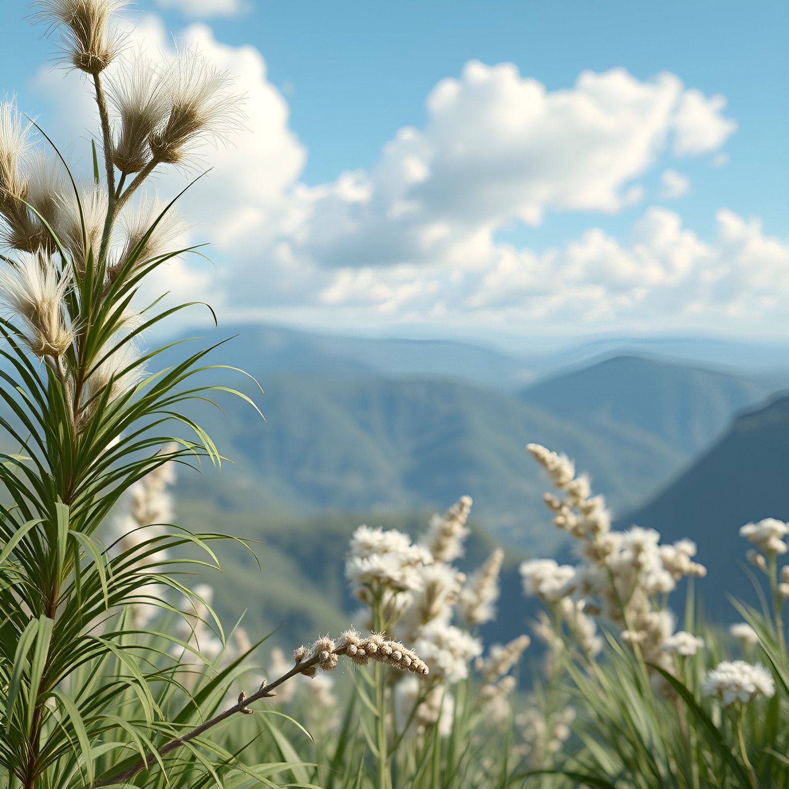 Nature photo of white seed plumes and green grass with blue mountains beyond