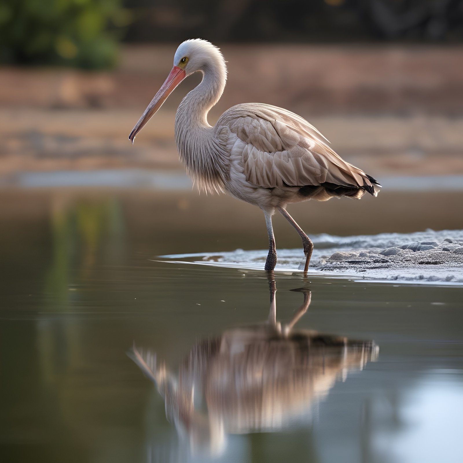 White spoonbill bird wading in water with pink beak and yellow eye