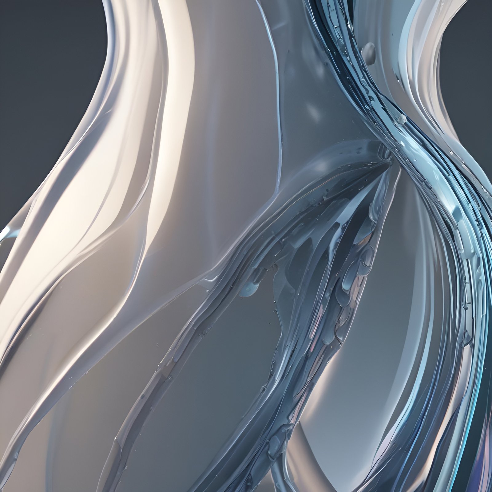 White and steel blue liquid glass forms with glossy curves in abstract art