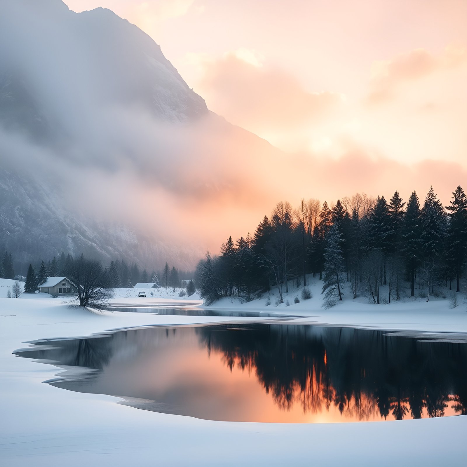A nature photograph of a winter alpine lake with a snow bank, a cabin and parked car, and orange sunset on the water.
