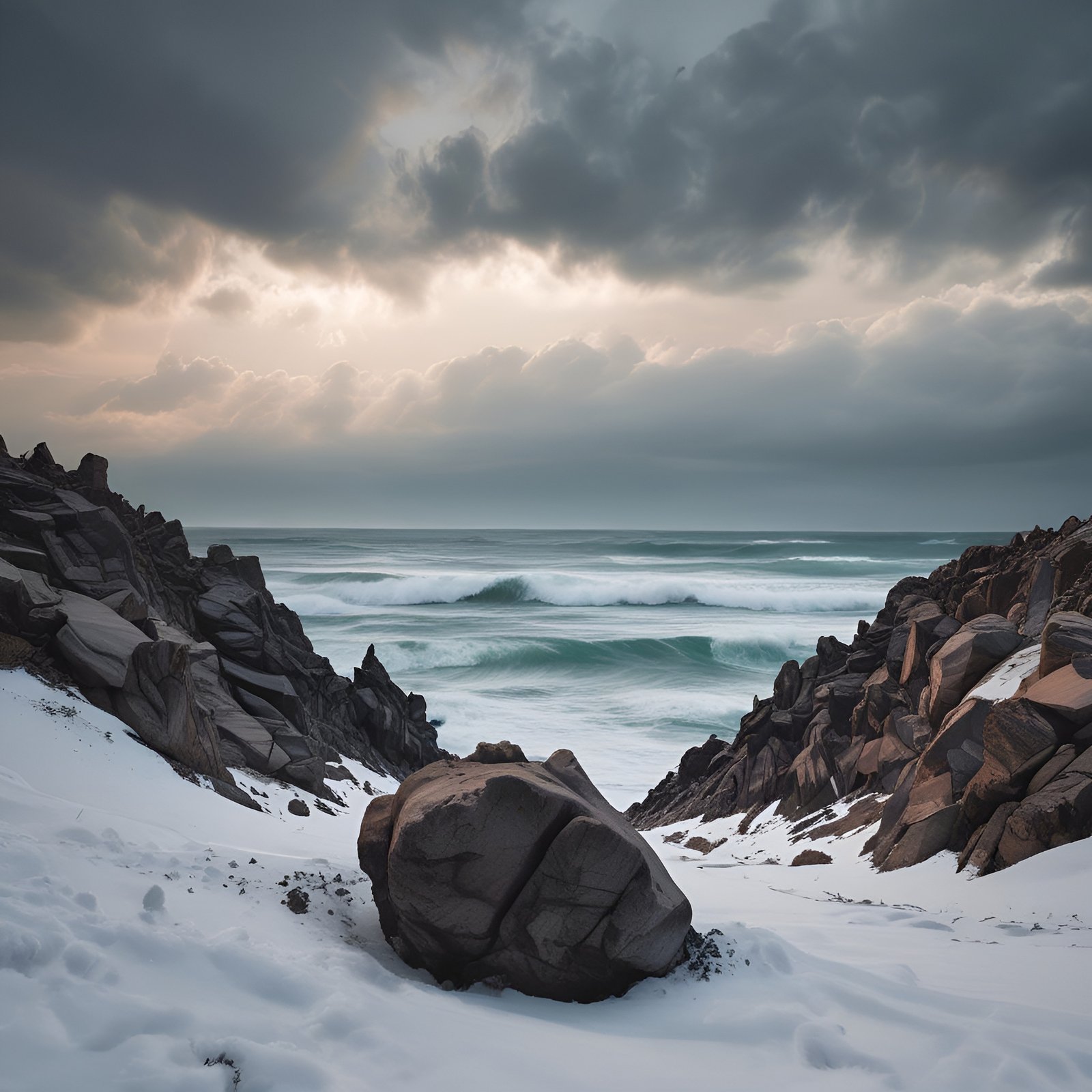 A nature photograph of a winter coastal inlet with a large gray boulder on packed snow between dark rock cliffs and teal ocean.