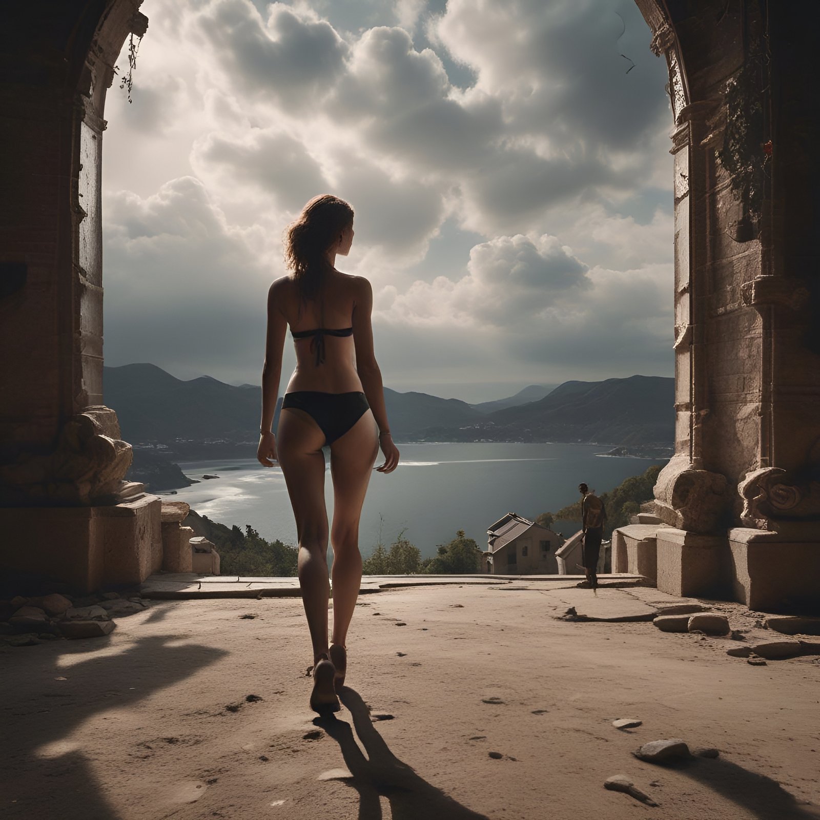 Photo of a woman in a black bikini walking through a stone ruin toward a mountain bay