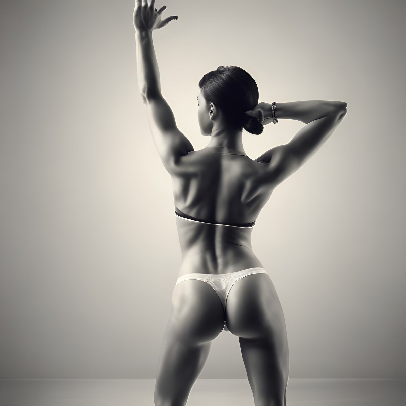 Photo of a woman in a black bikini top and white bottoms with one arm raised in a studio