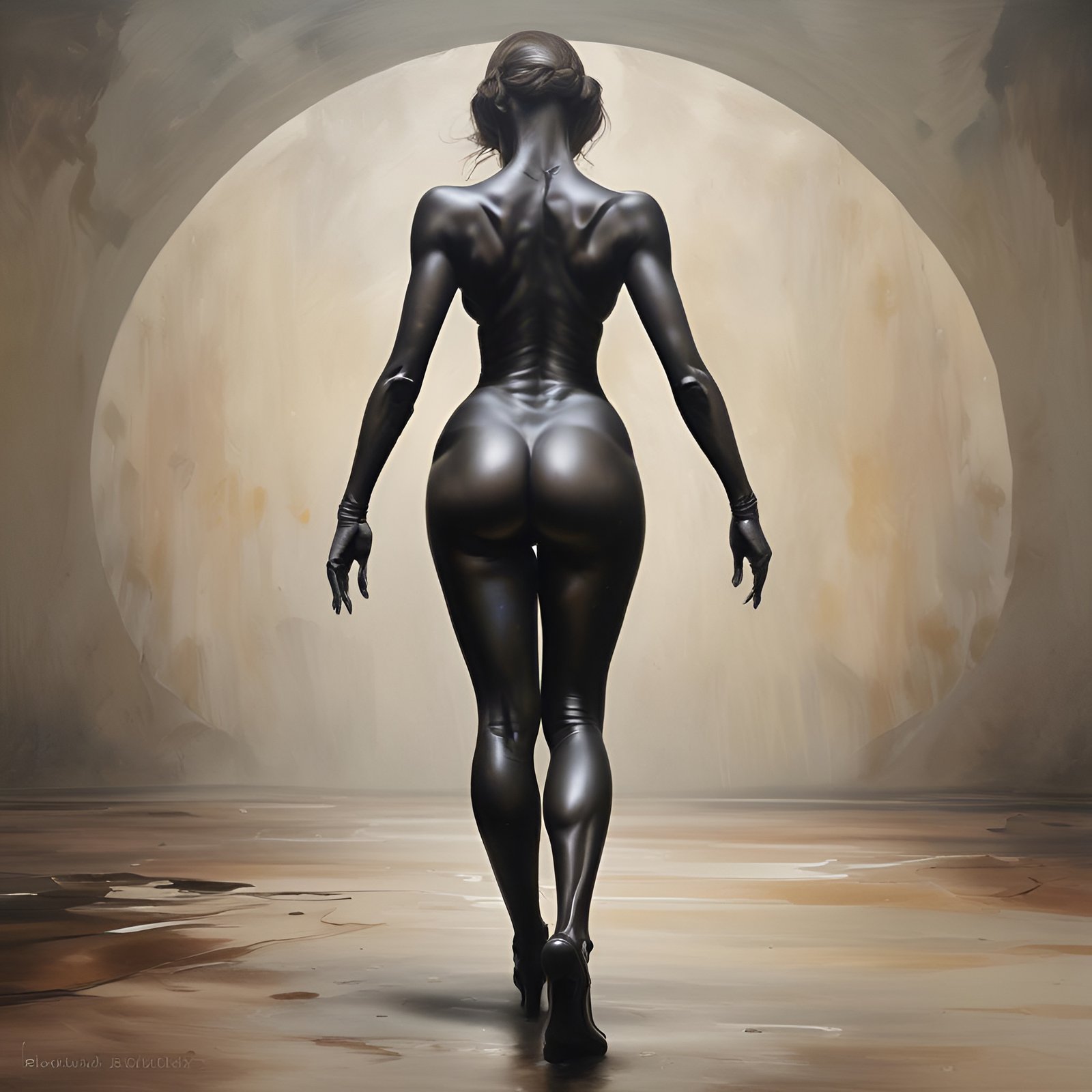 Painting of a woman in a glossy black bodysuit gloves and heels walking toward a moon arch