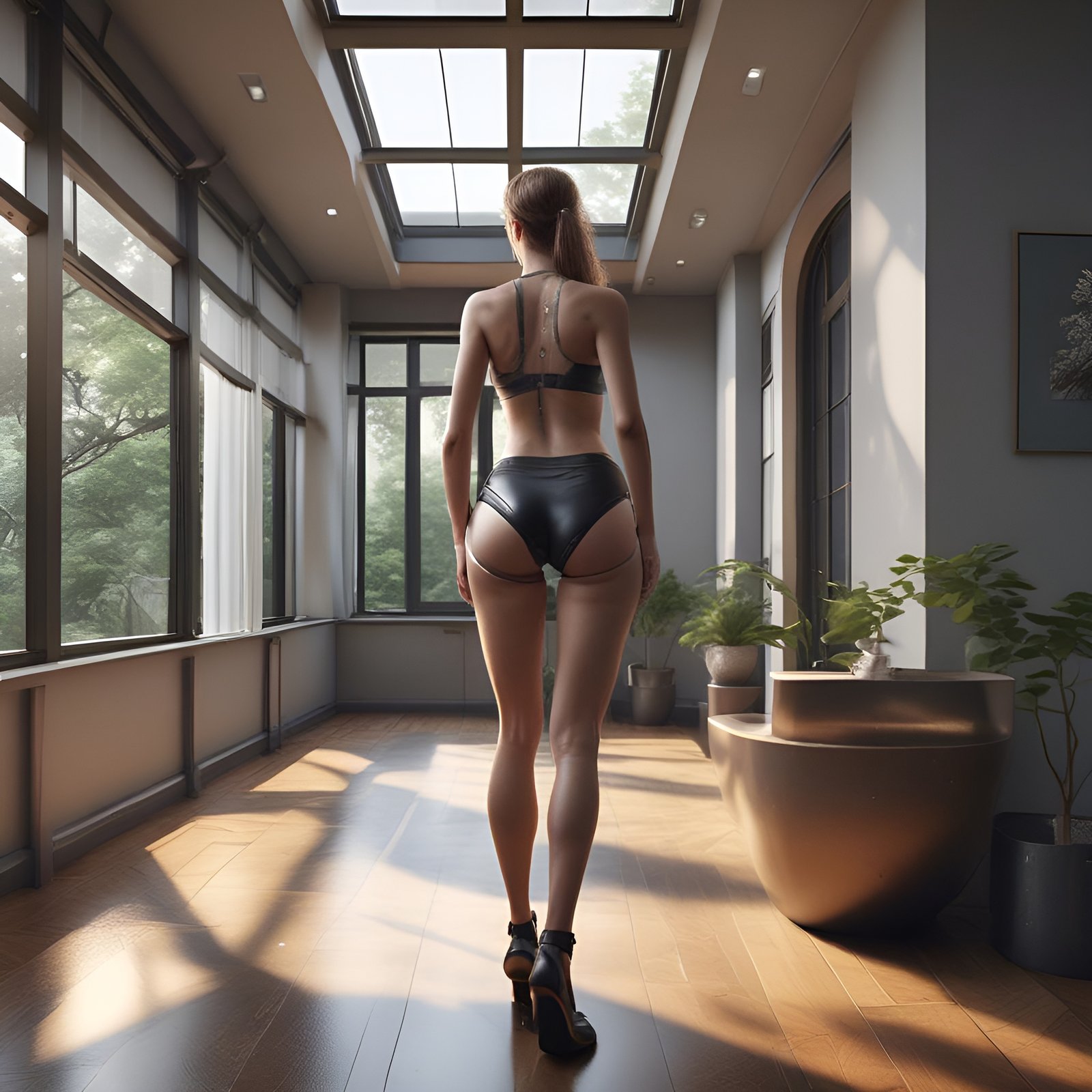 A photo of a woman in a black leather bra and briefs with black heels walking a sunlit conservatory of skylights and potted plants.