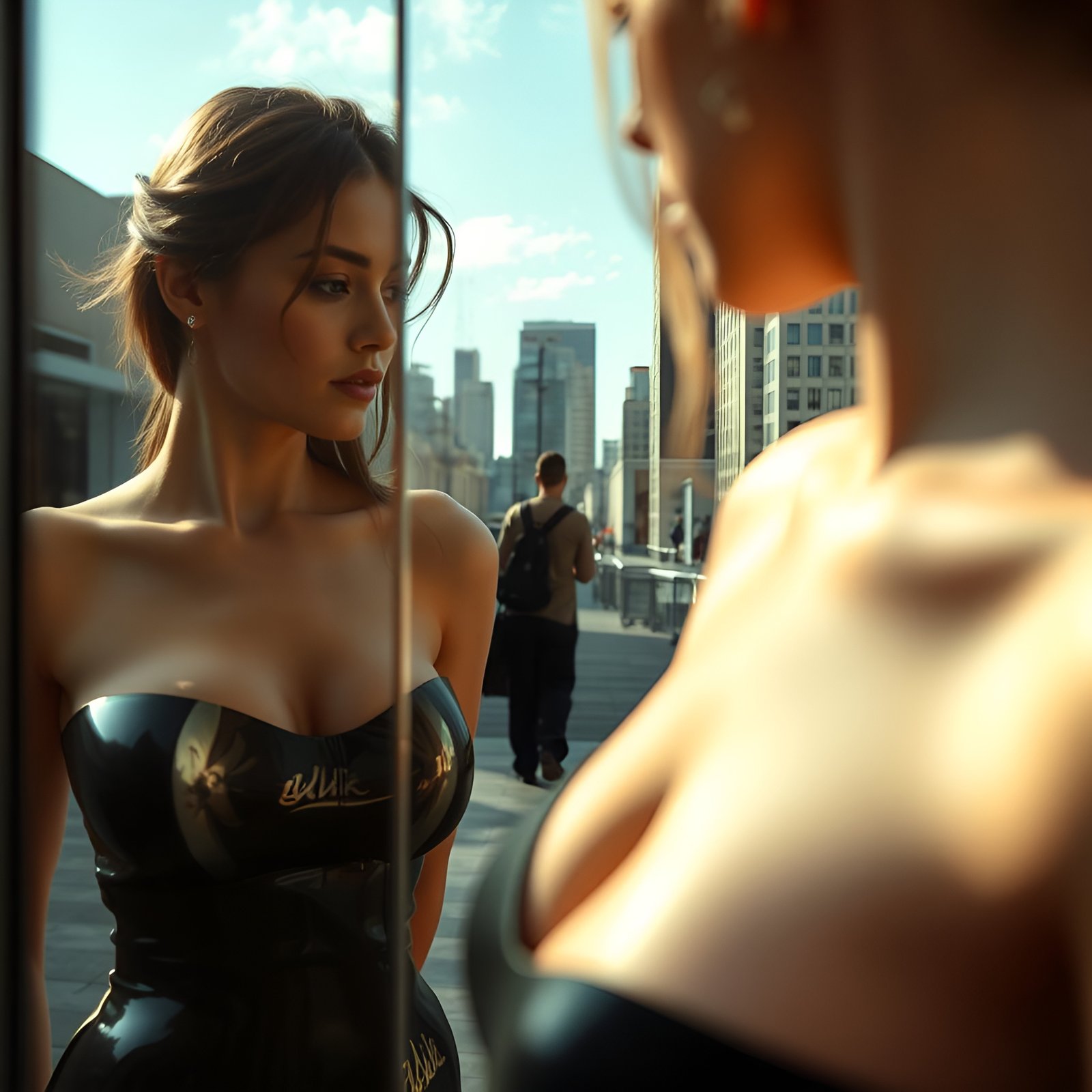 Artistic reflections of a woman with brown hair in black latex dress looking in mirror with a city background