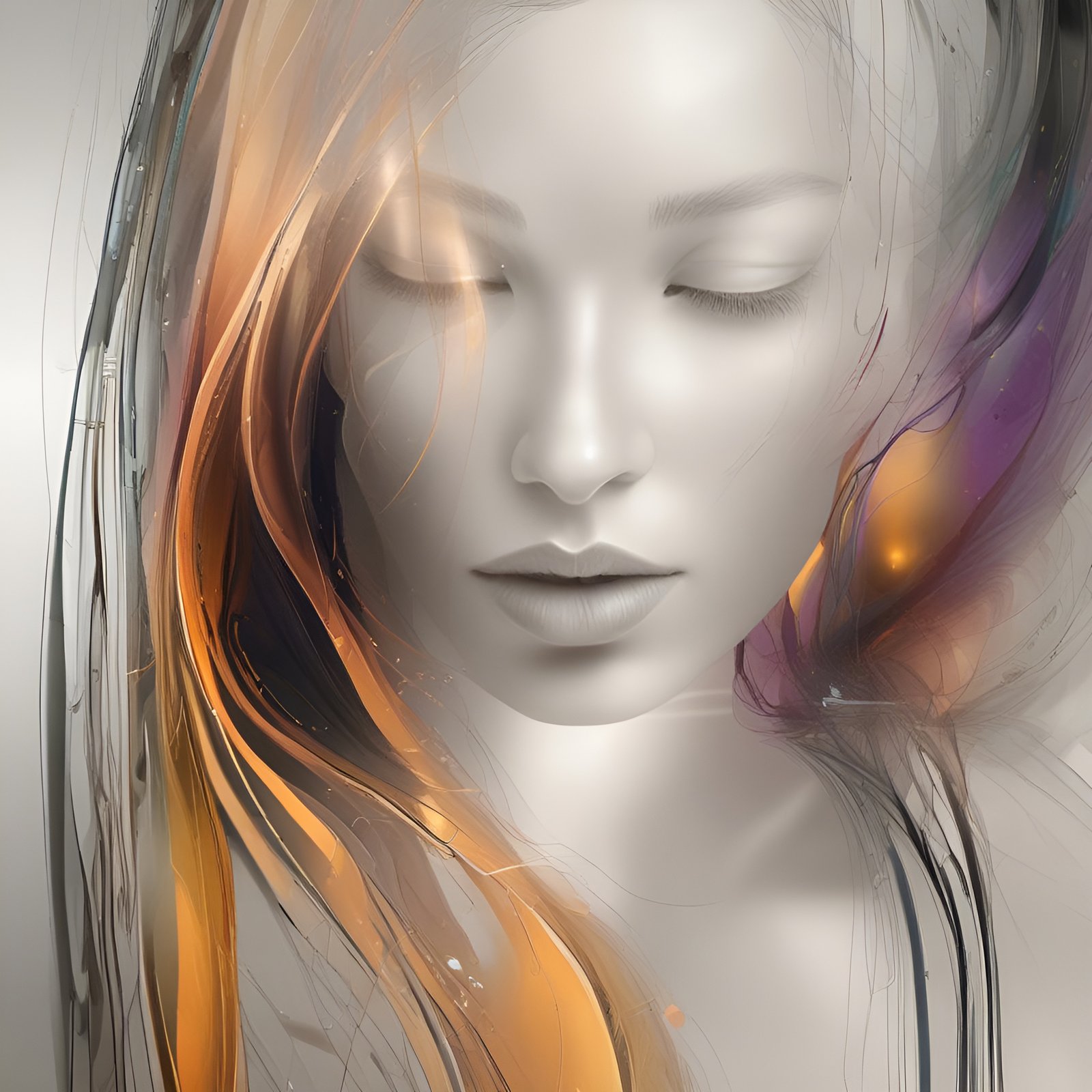 Abstract art of a woman with closed eyes and a white face among gold glass strands