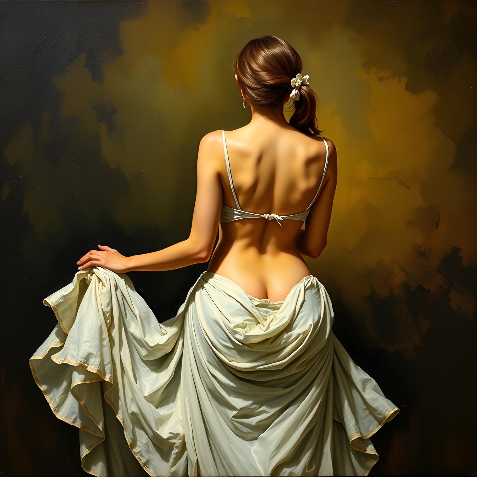 Painting of a woman in a cream draped gown over a white bra in an olive studio