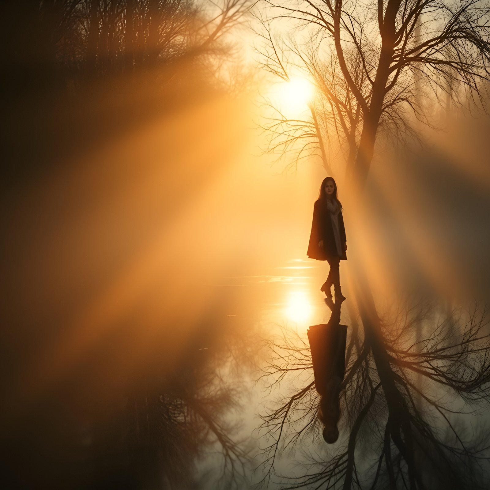 A photo of a woman in a dark coat, scarf, and boots walking a flooded winter path among bare trees in gold fog.