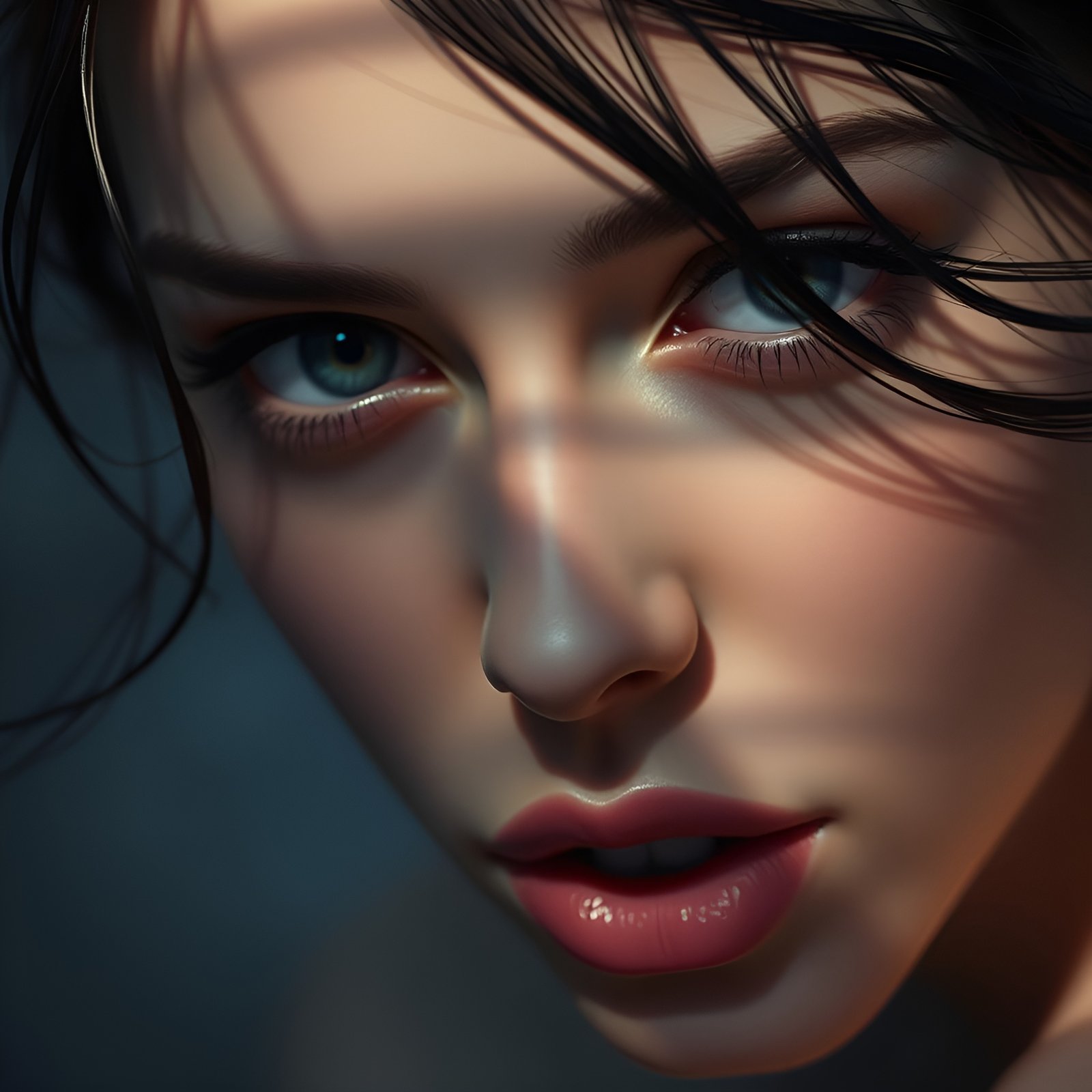 Closeup of woman face with black hair and blue eyes in wind