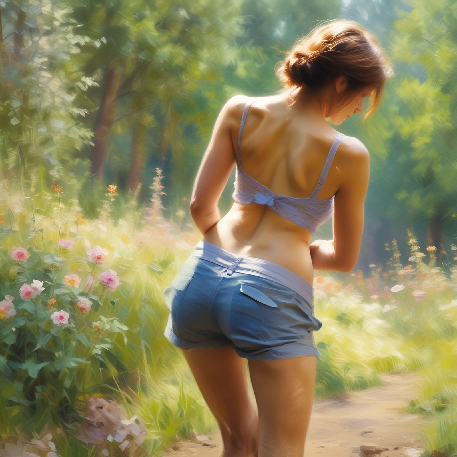 Woman walking in field with shorts top back view and brown hair among pink flowers