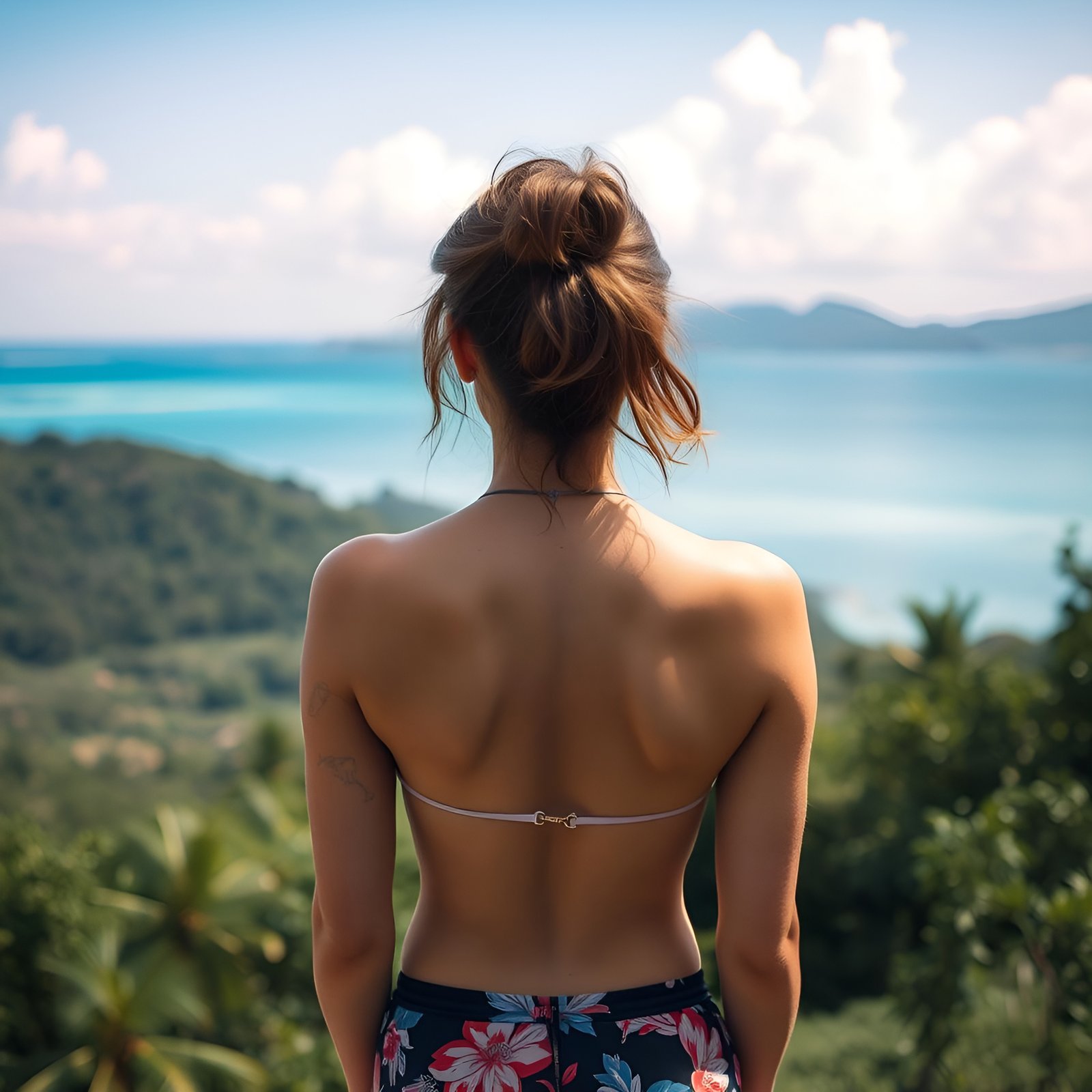 Photo of a woman in floral shorts looking over a turquoise bay and tropical hills