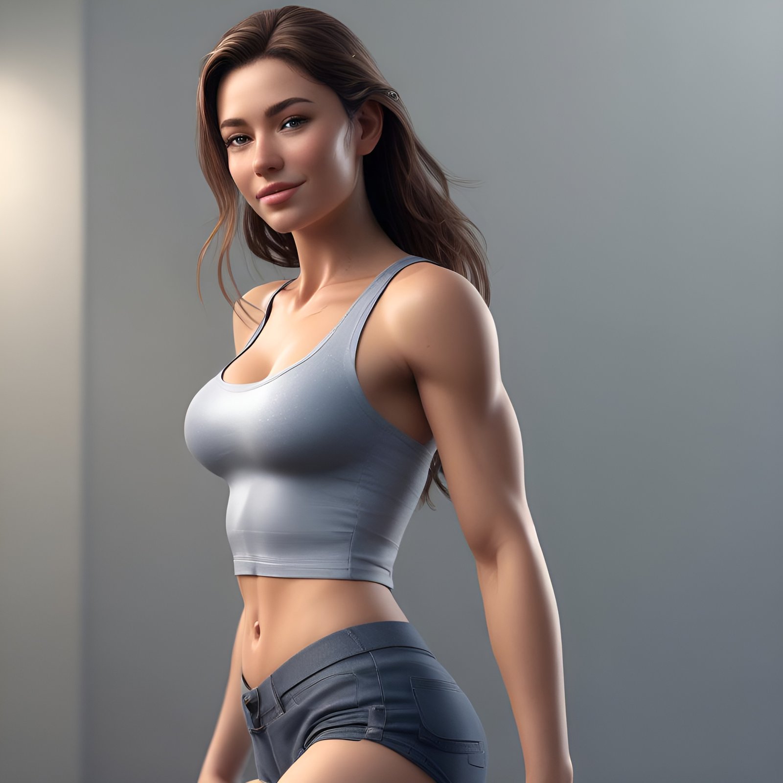 Painting of a woman in a gray crop tank and gray denim shorts with a slight smile