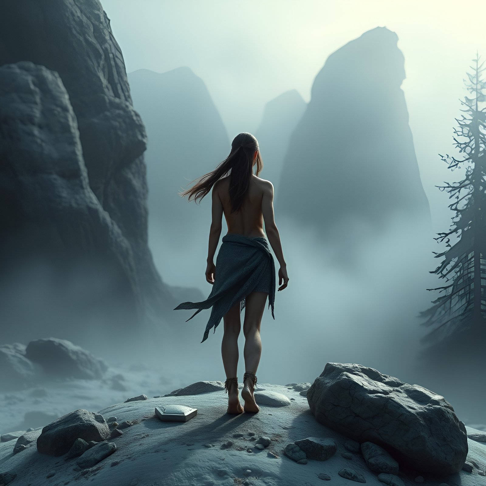 A 3d poster art of a woman in a gray wrap skirt and ankle wraps, back view, on a misty canyon rock with a pine.