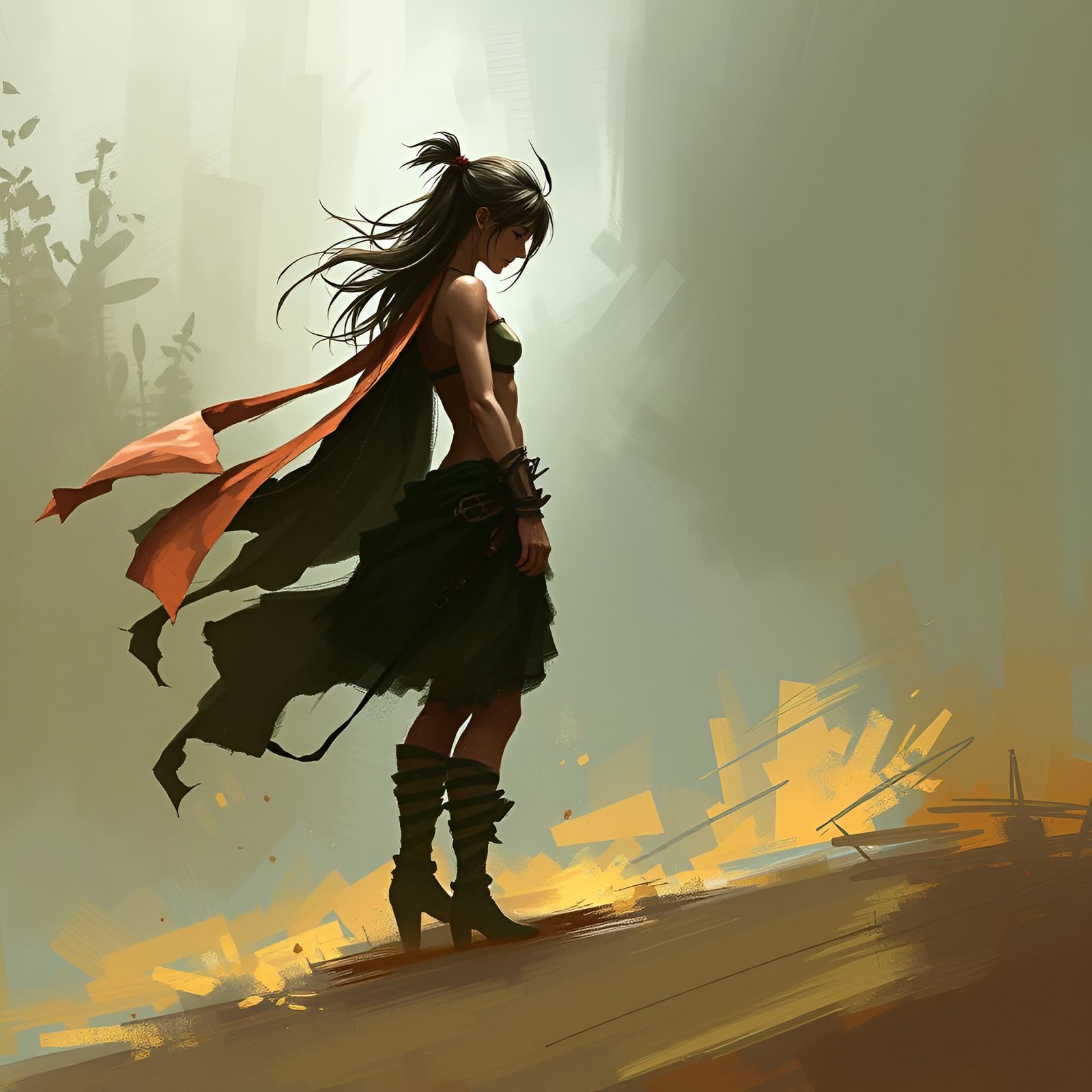 Painting of a woman in a green crop top dark skirt and orange cape in profile