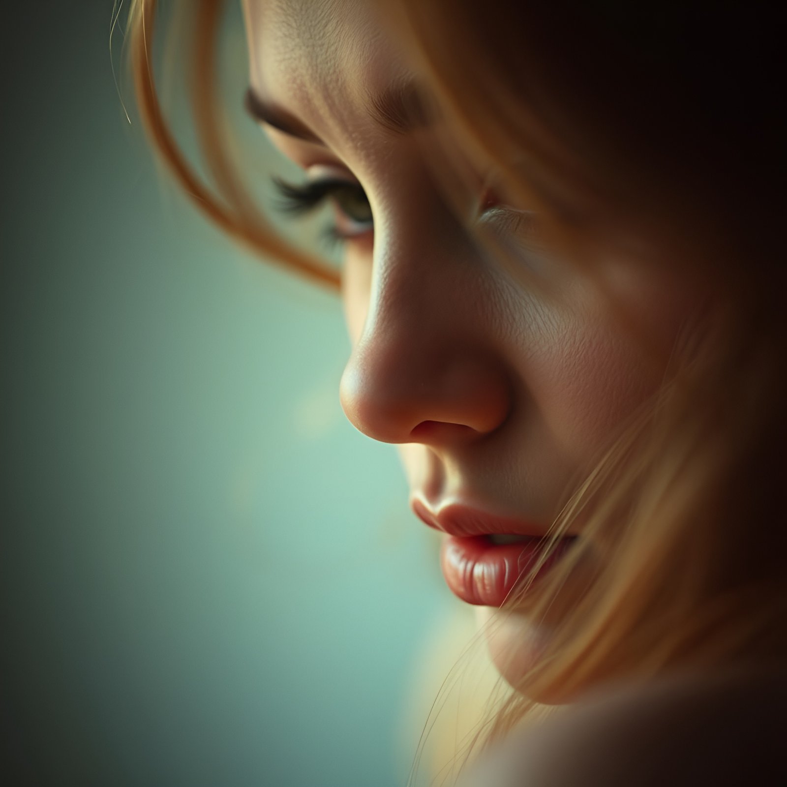 A photo of a woman in a close side-view portrait with green eyes and red lips against a teal wall.