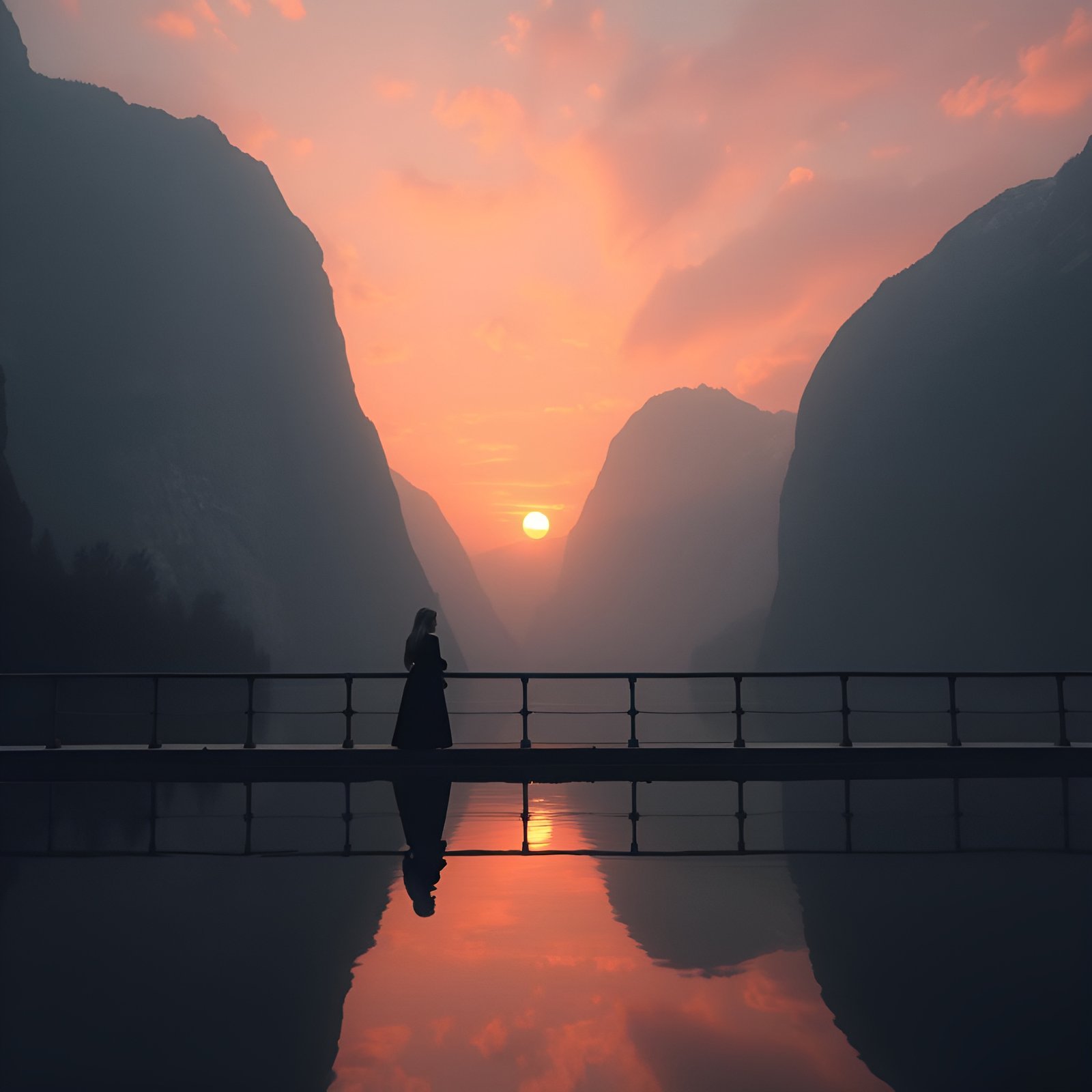 A creative photograph of a woman in a long coat standing in silhouette on a railed walkway between mountain walls at orange sunset.
