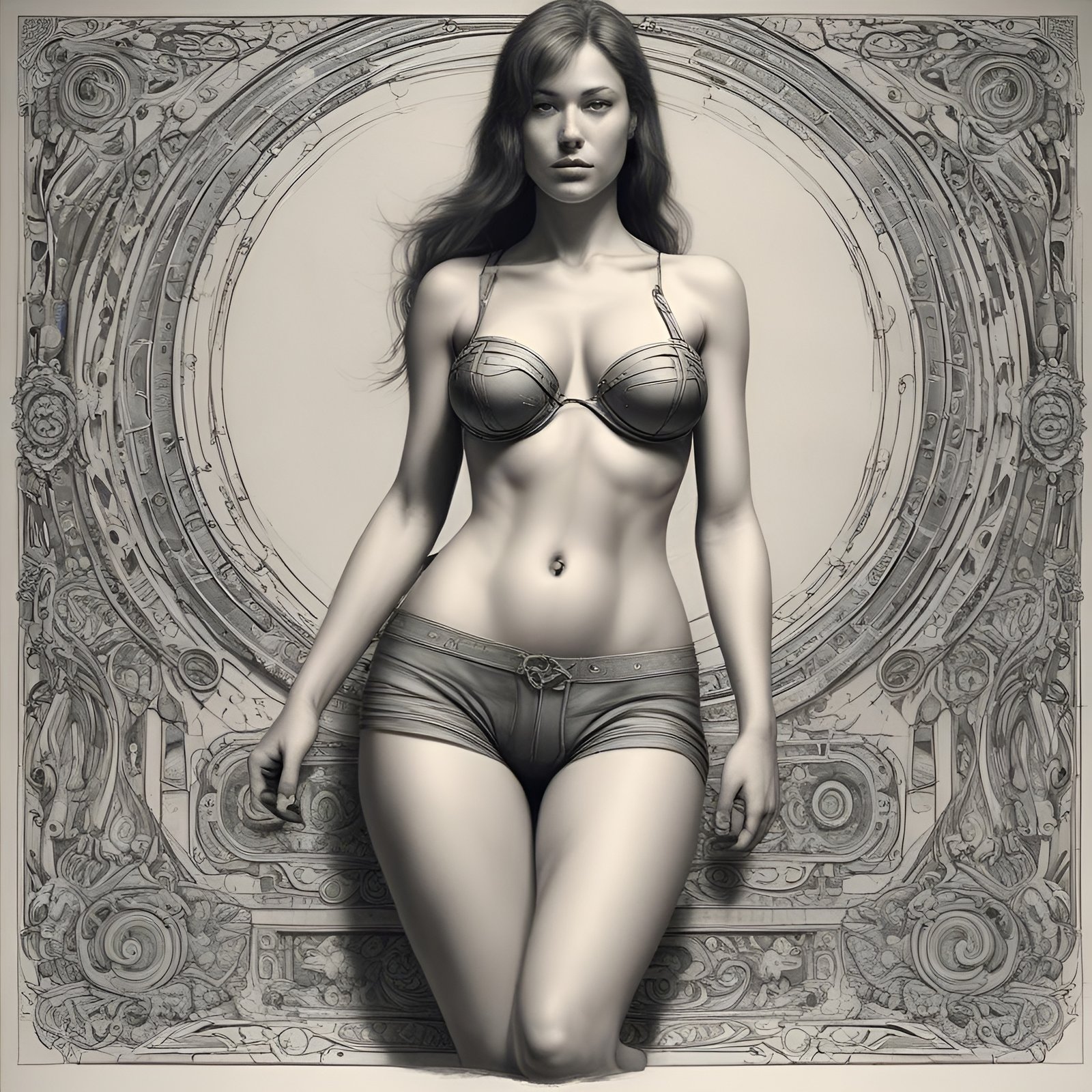 Grayscale drawing of a woman in a metallic bra and fitted shorts in a studio