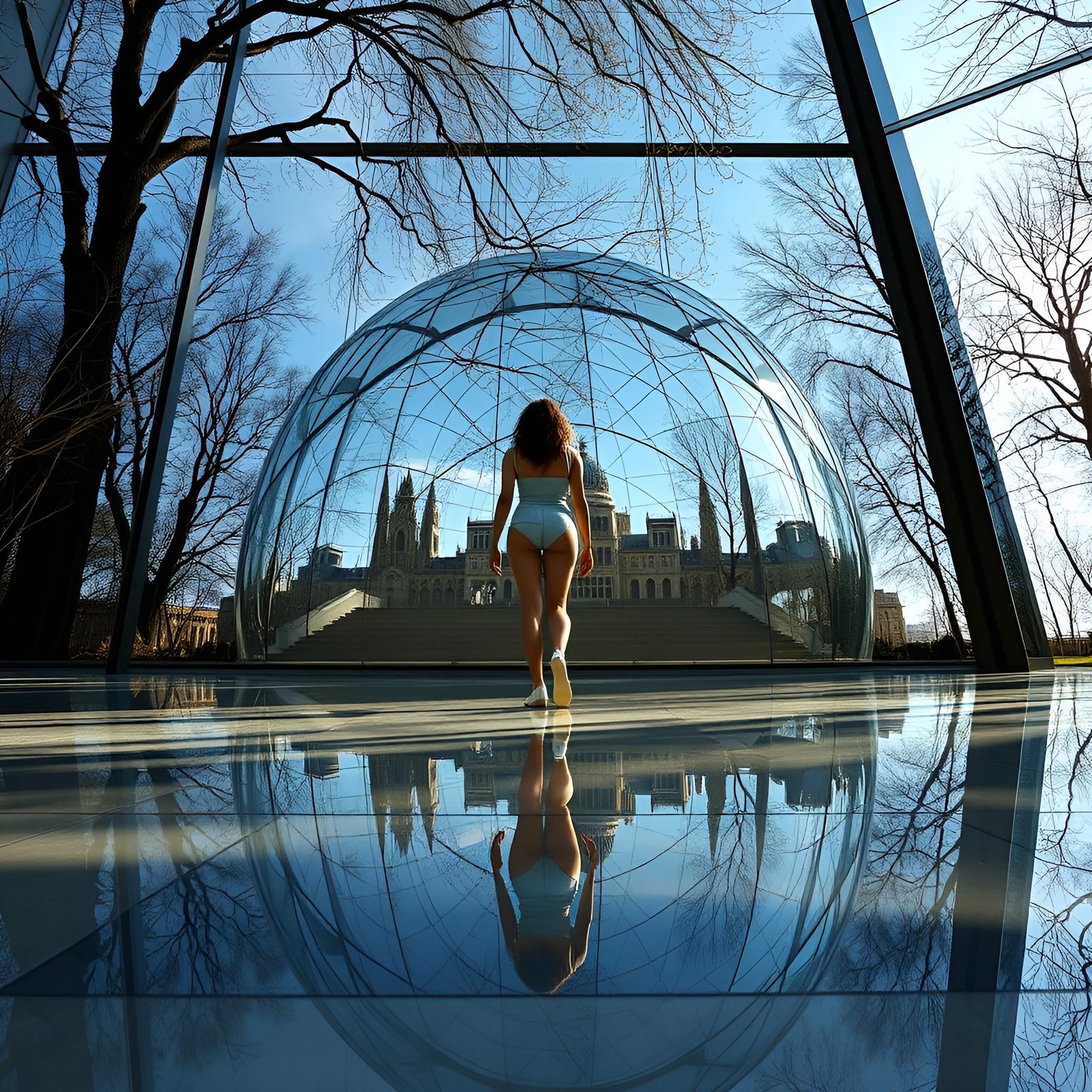 A photo of a woman in a pale mint one-piece swimsuit walking a mirrored floor toward a geodesic glass dome and gothic cathedral.