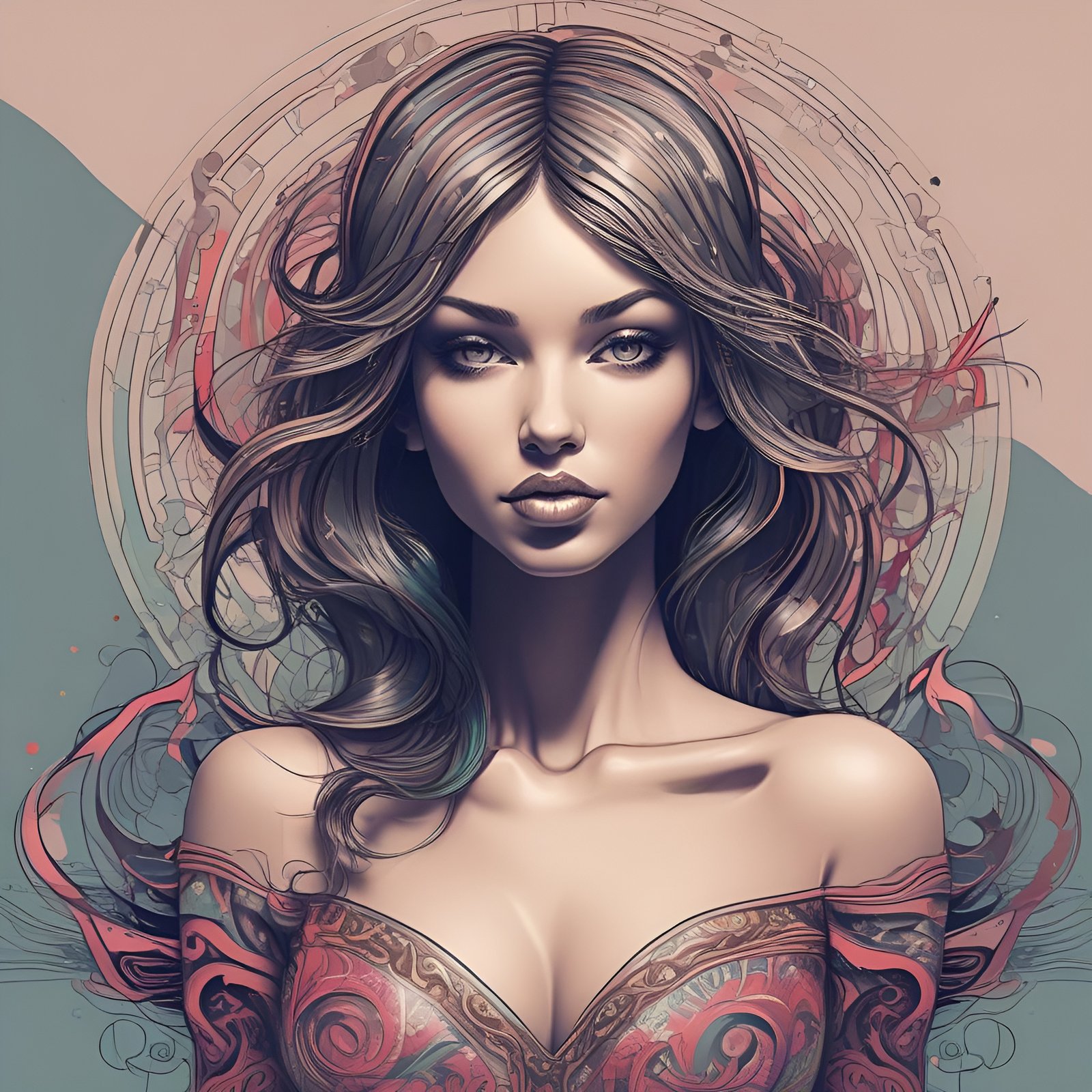 A painting of a woman in an off-shoulder red and gold bodice, gray-green eyes and a calm gaze on a teal wall.