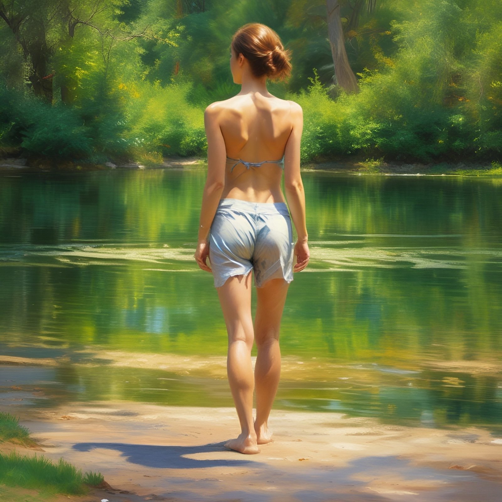 Painting of a woman in pale blue shorts and a bikini top standing at a green river bank