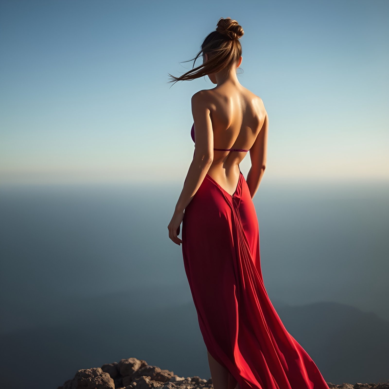 Photo of a woman in a long red open back dress over a purple bikini on a mountain overlook