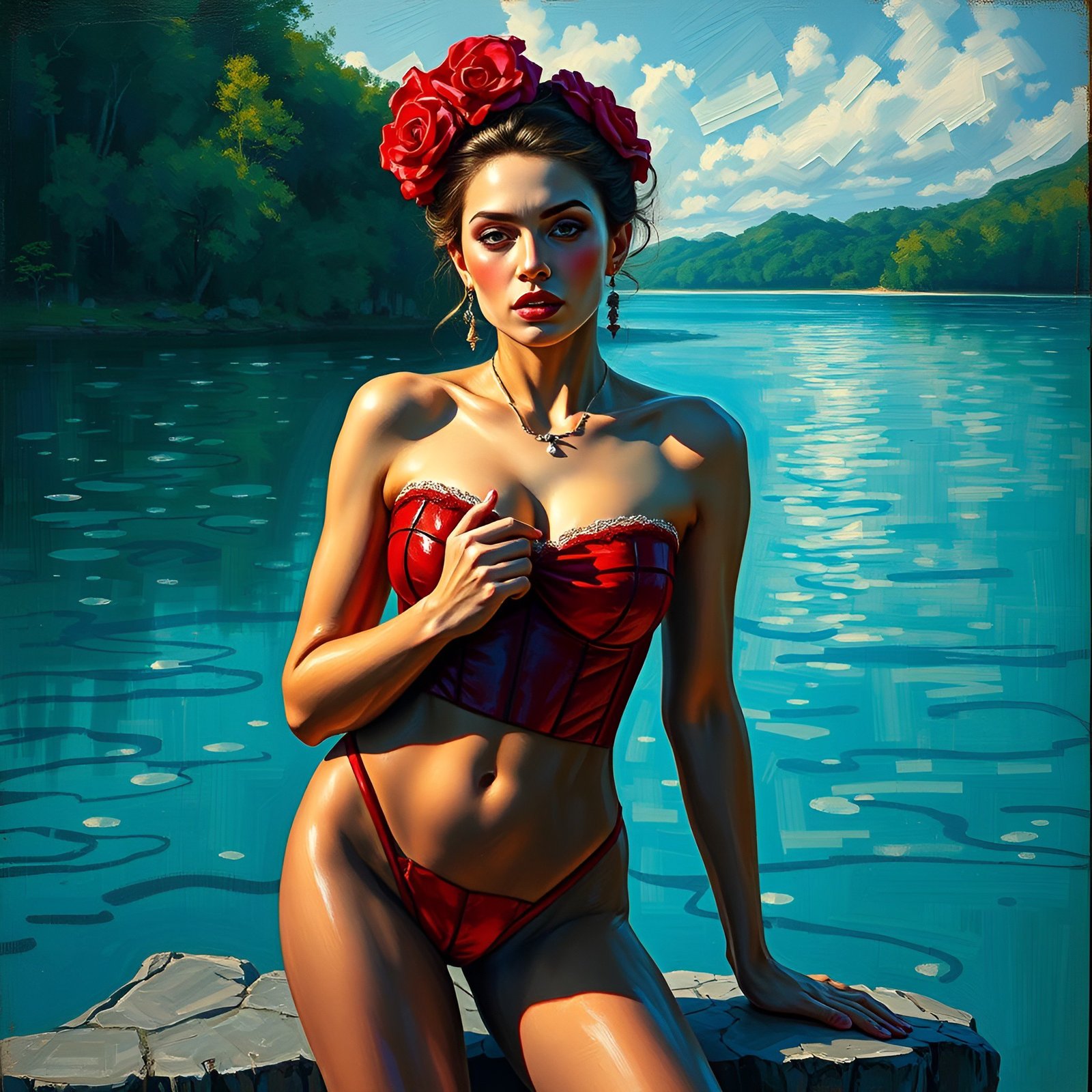 A painting of a woman in a red strapless bikini and a red rose crown on a gray stone ledge by a turquoise lake.