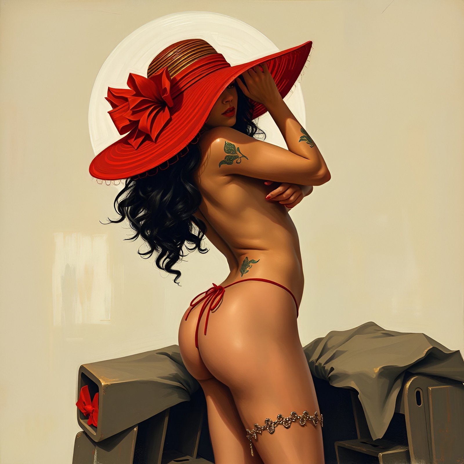 A painting of a woman in an oversized red sun hat and a red string bikini looking back with a hand on the brim.