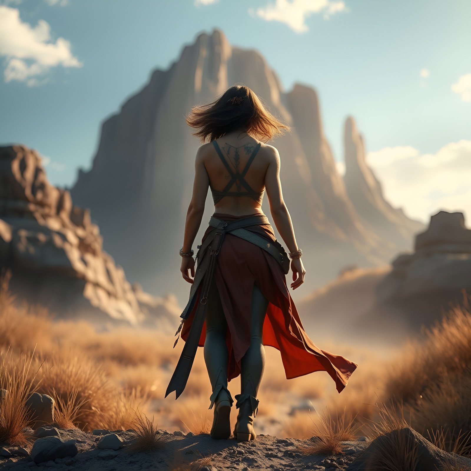 A 3d poster art of a woman from behind in a rust wrap skirt, teal leggings, and a cross-back top walking toward Monument Valley buttes.