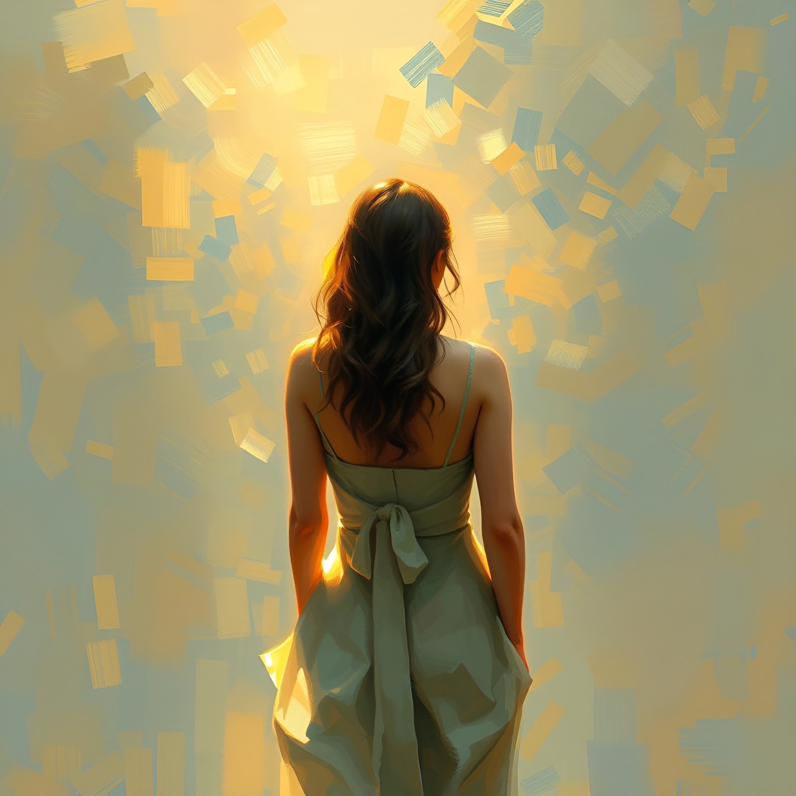 Painting of a woman in a pale sage spaghetti strap dress facing a gold field