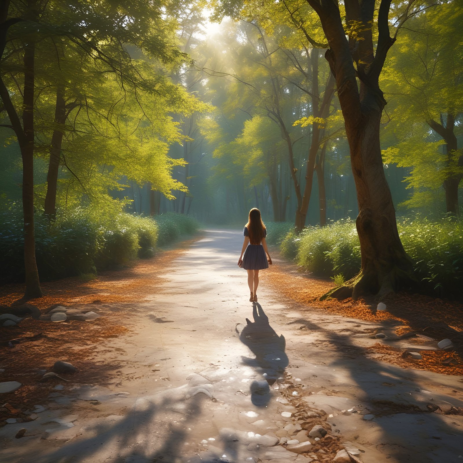 A photo of a woman in a short blue dress walking a sunlit forest path with orange leaf litter and a large oak.