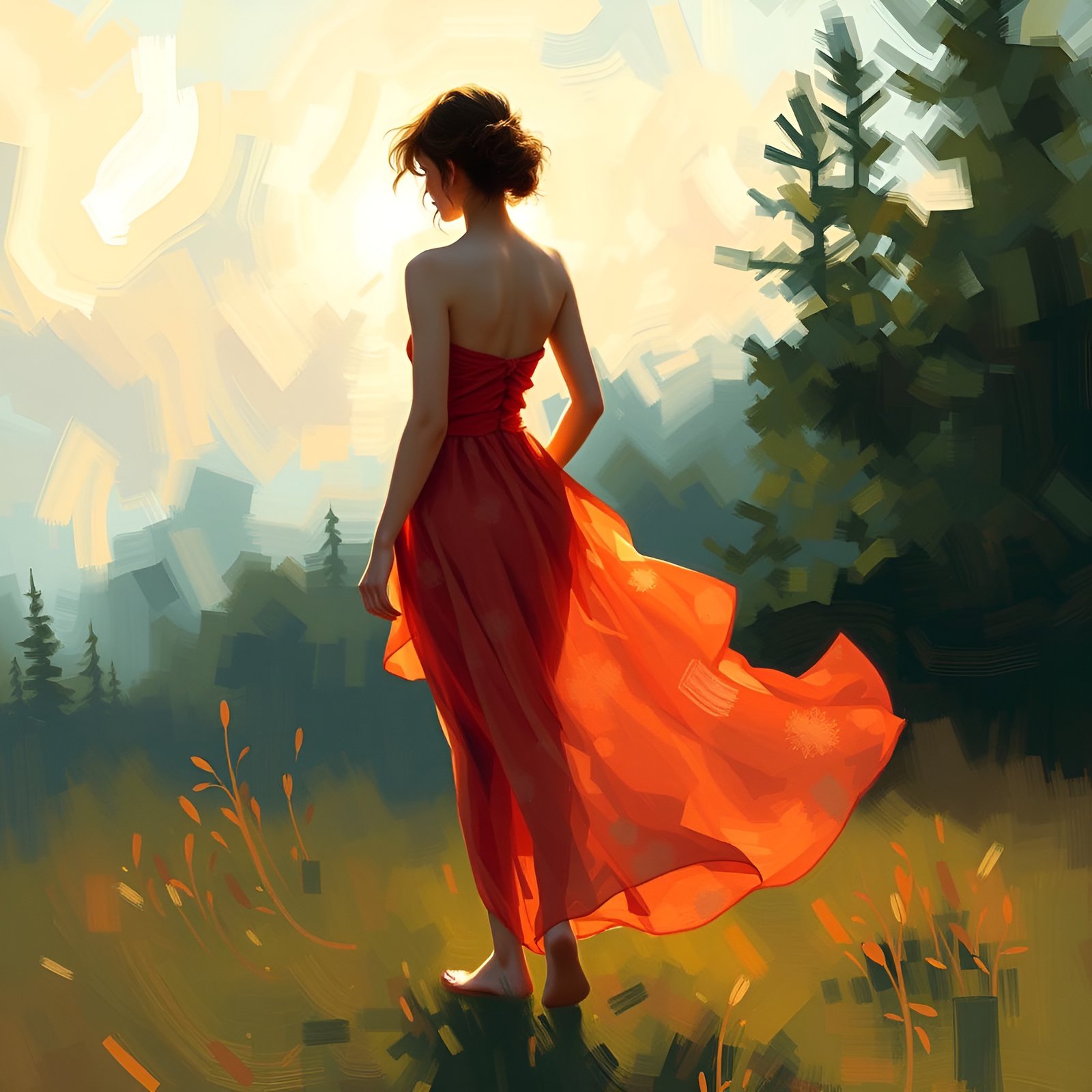 A painting of a woman in a strapless red dress walking a meadow among evergreens at low sun, back view, barefoot.
