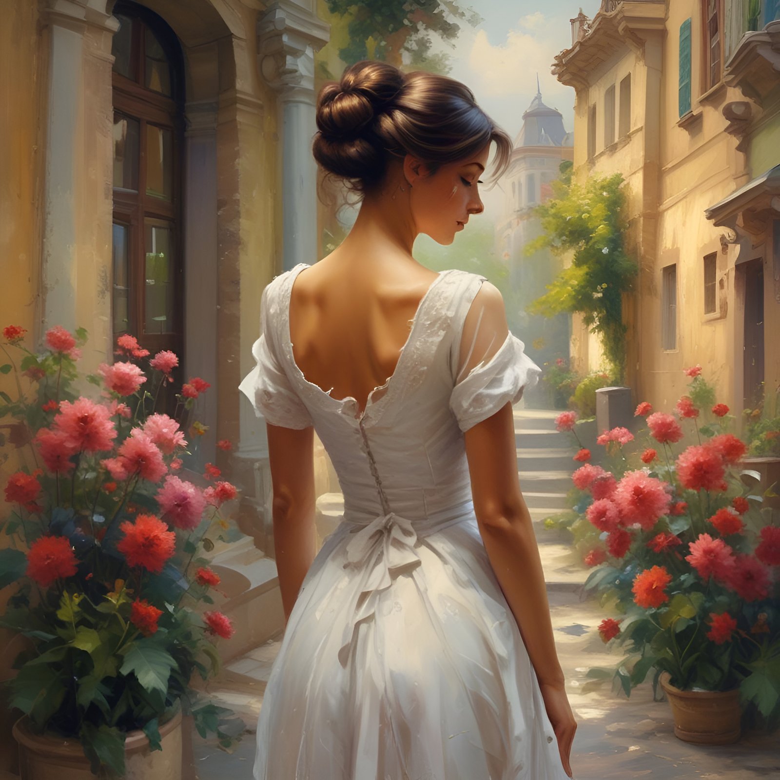 A painting of a woman in a white backless dress, back view looking down, on a Mediterranean alley with dahlia pots.
