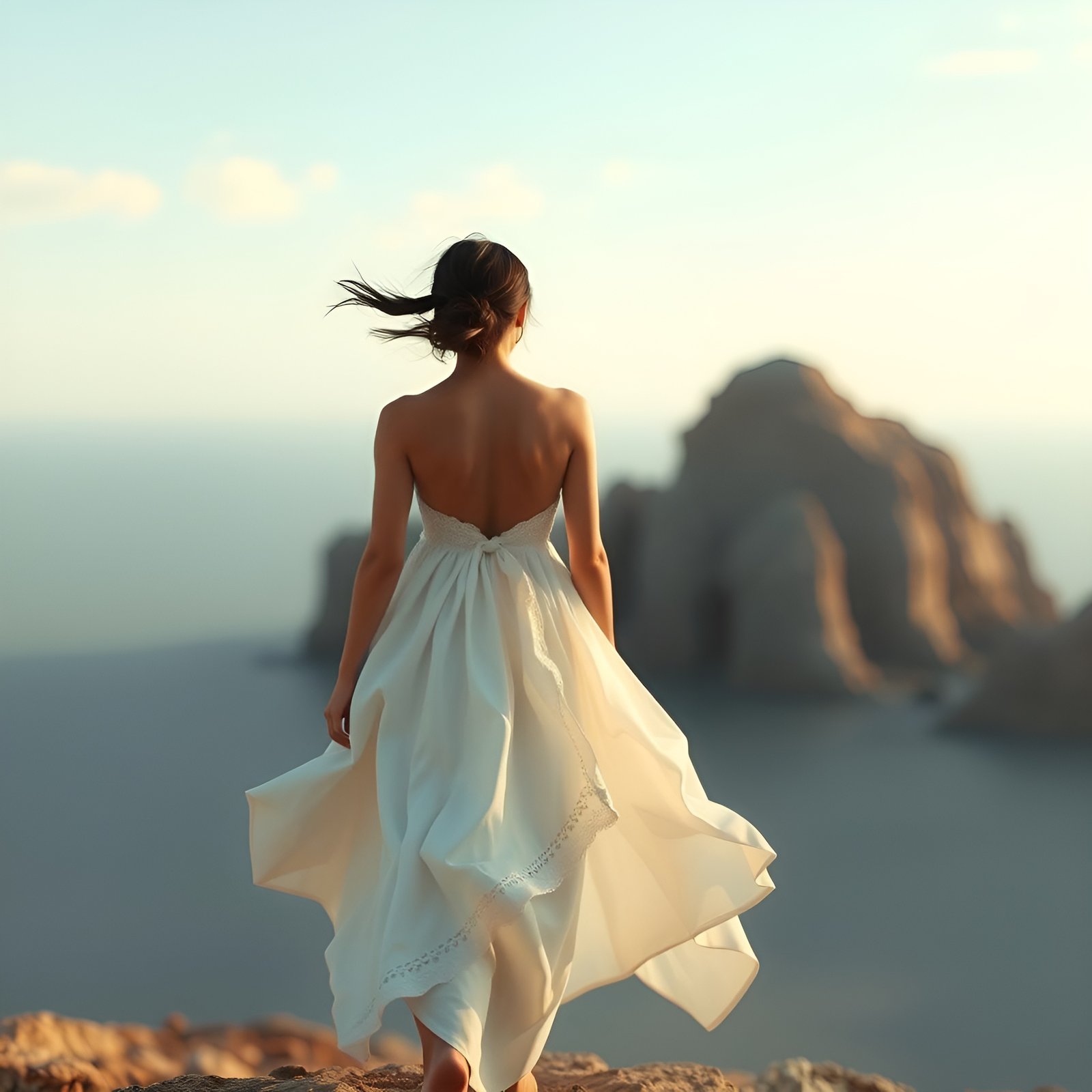 Photo of a woman in a white backless dress standing on a cliff above the sea