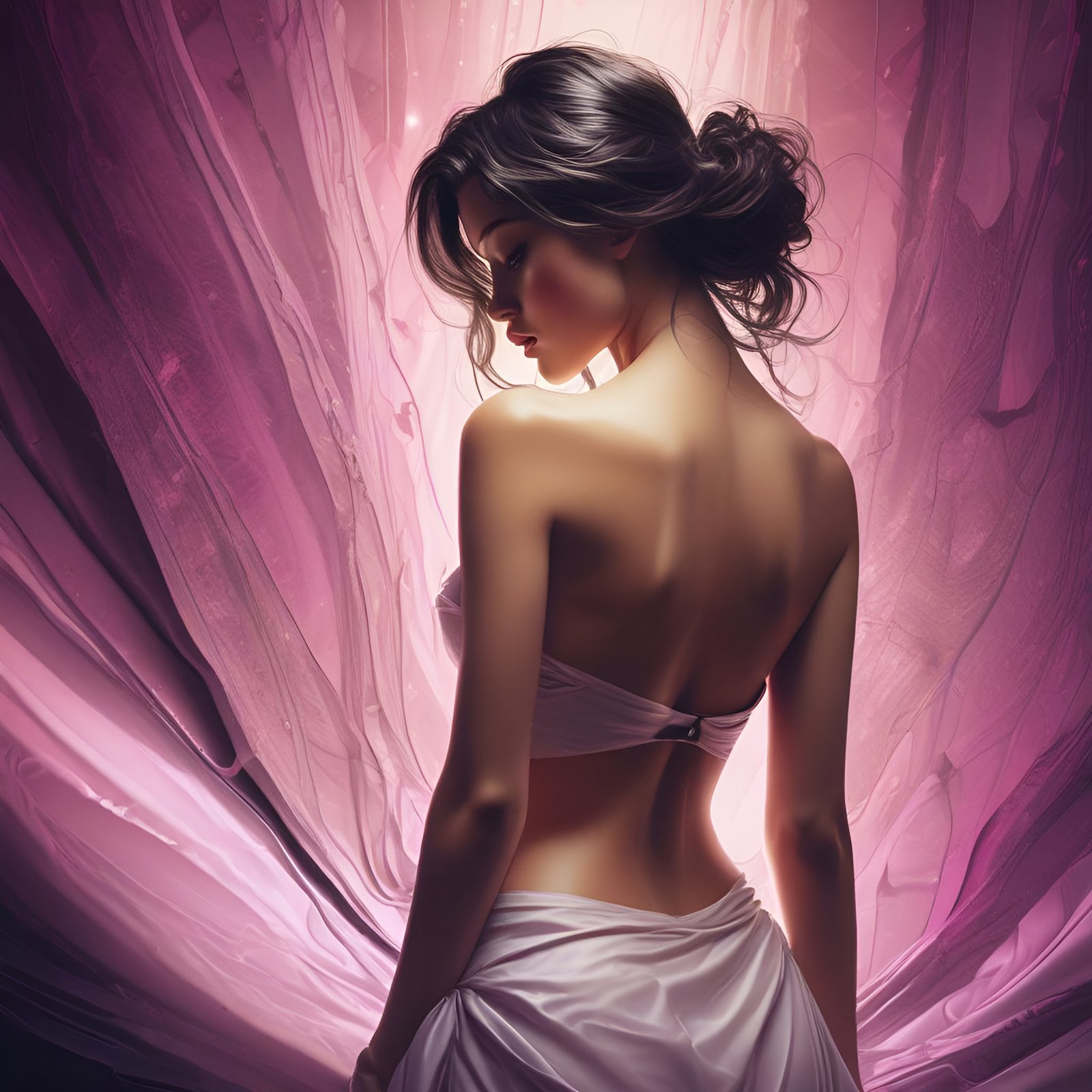 Painting of a woman in a white bandeau and draped wrap looking over her shoulder