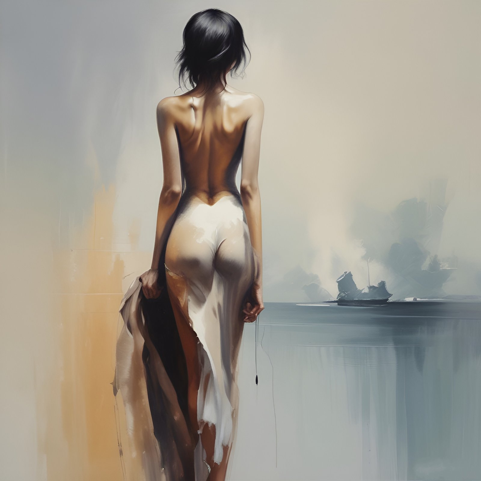 Painting of a woman in white beige draped cloth looking toward water and a distant boat