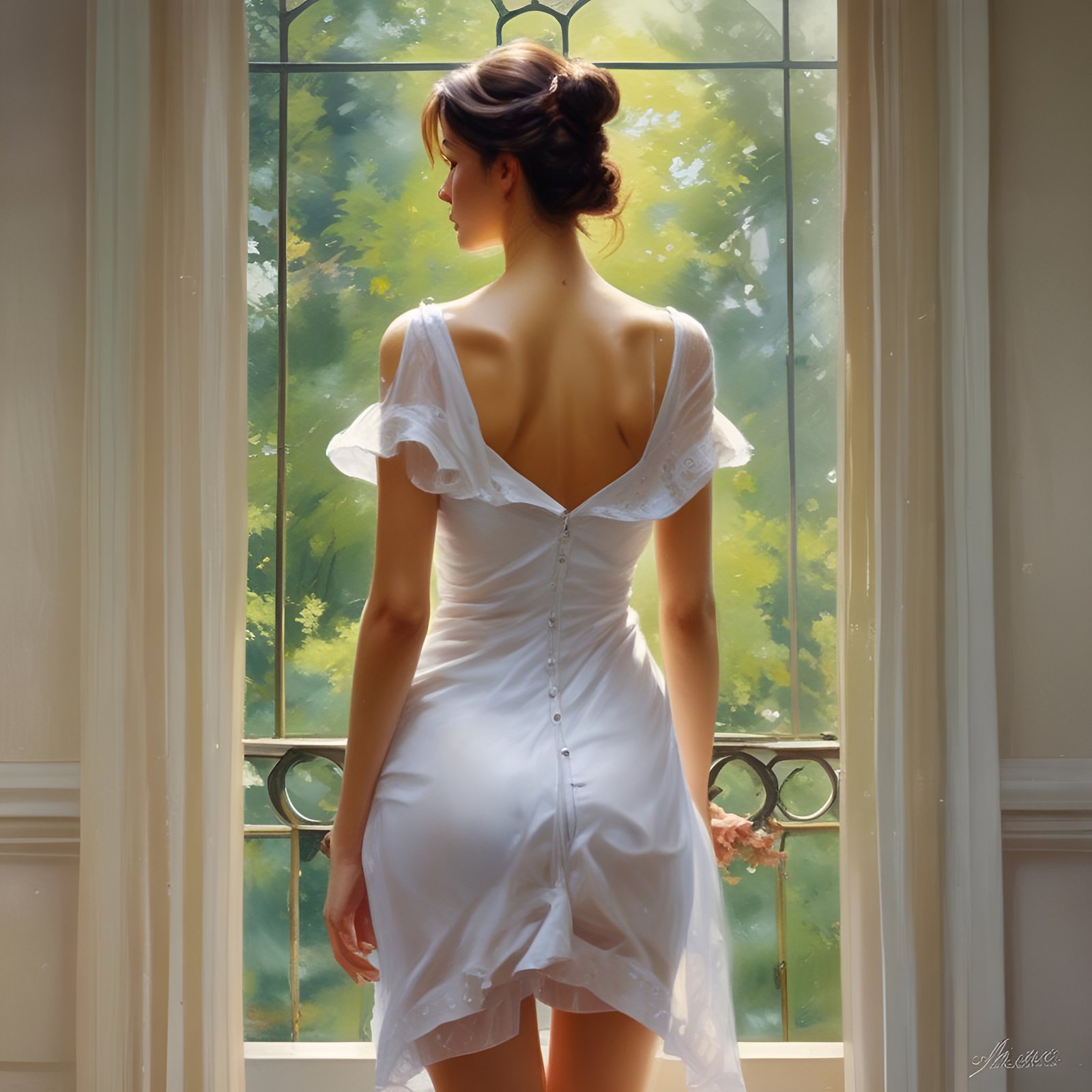 A painting of a woman in a white buttoned dress with flutter sleeves standing at a tall window of green trees, looking aside.