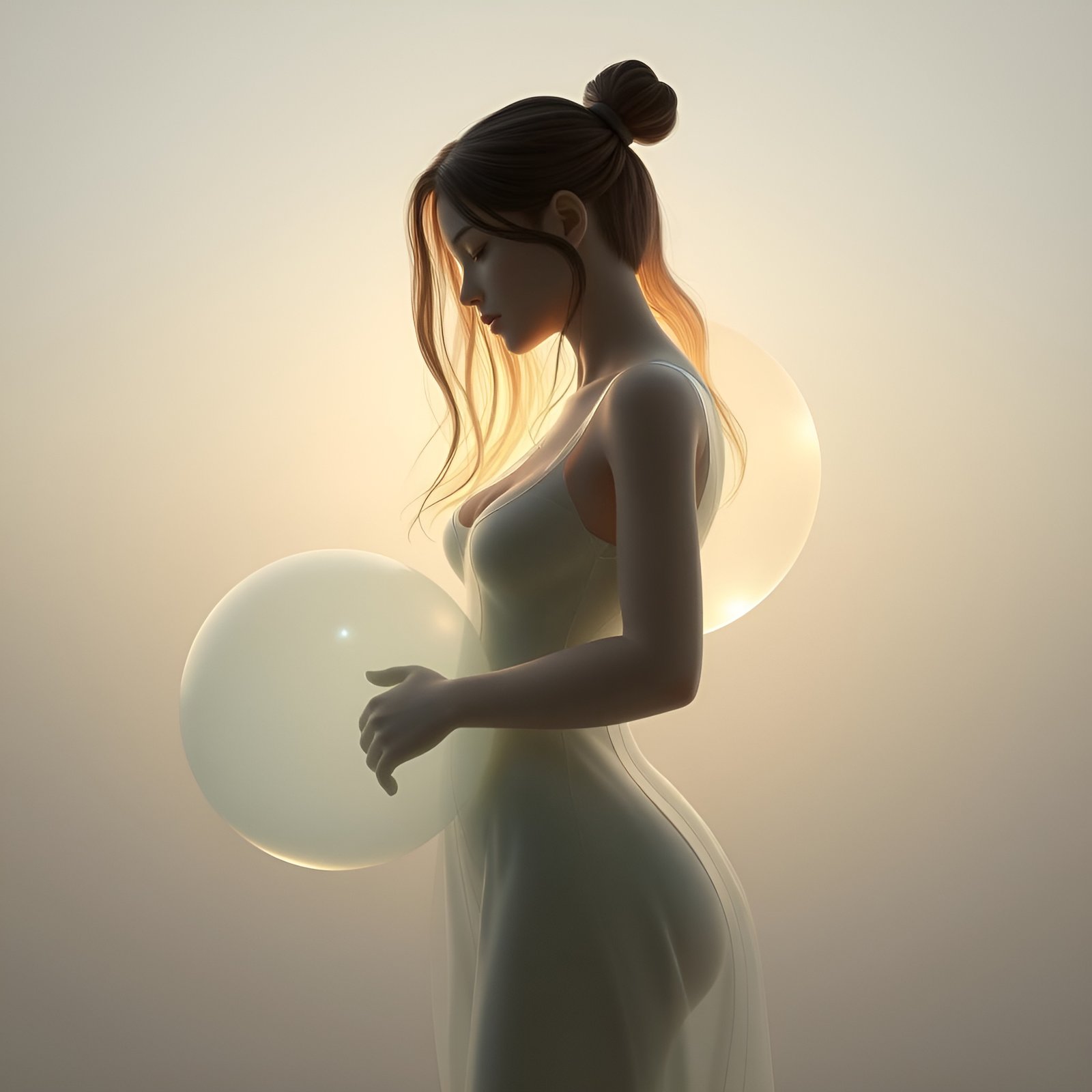 Side profile of woman in white dress holding translucent sphere with another behind in sunset glow