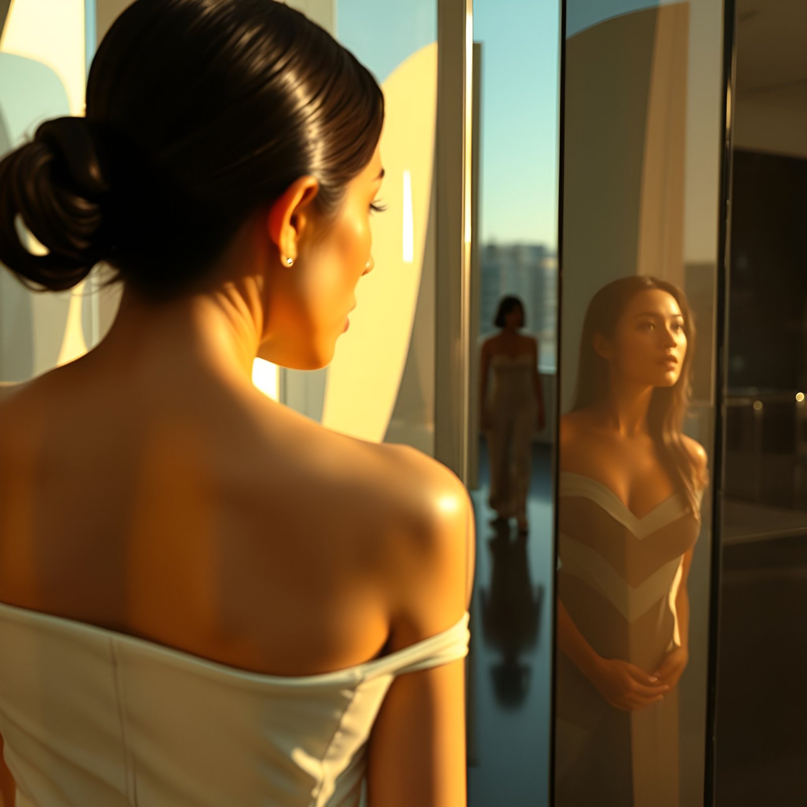 A painting of a woman in an off-shoulder white dress looking into a tall mirror in a sunlit high-rise hallway.