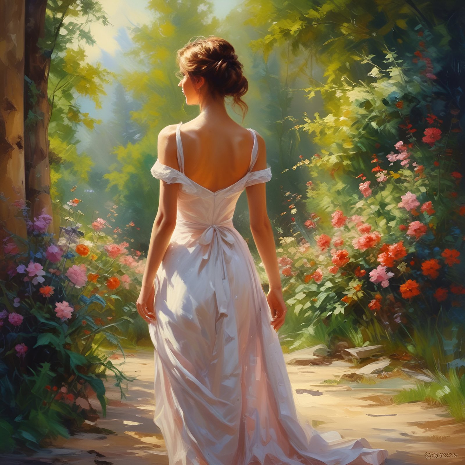 Oil painting of a woman in a white off-shoulder gown walking a forest flower path
